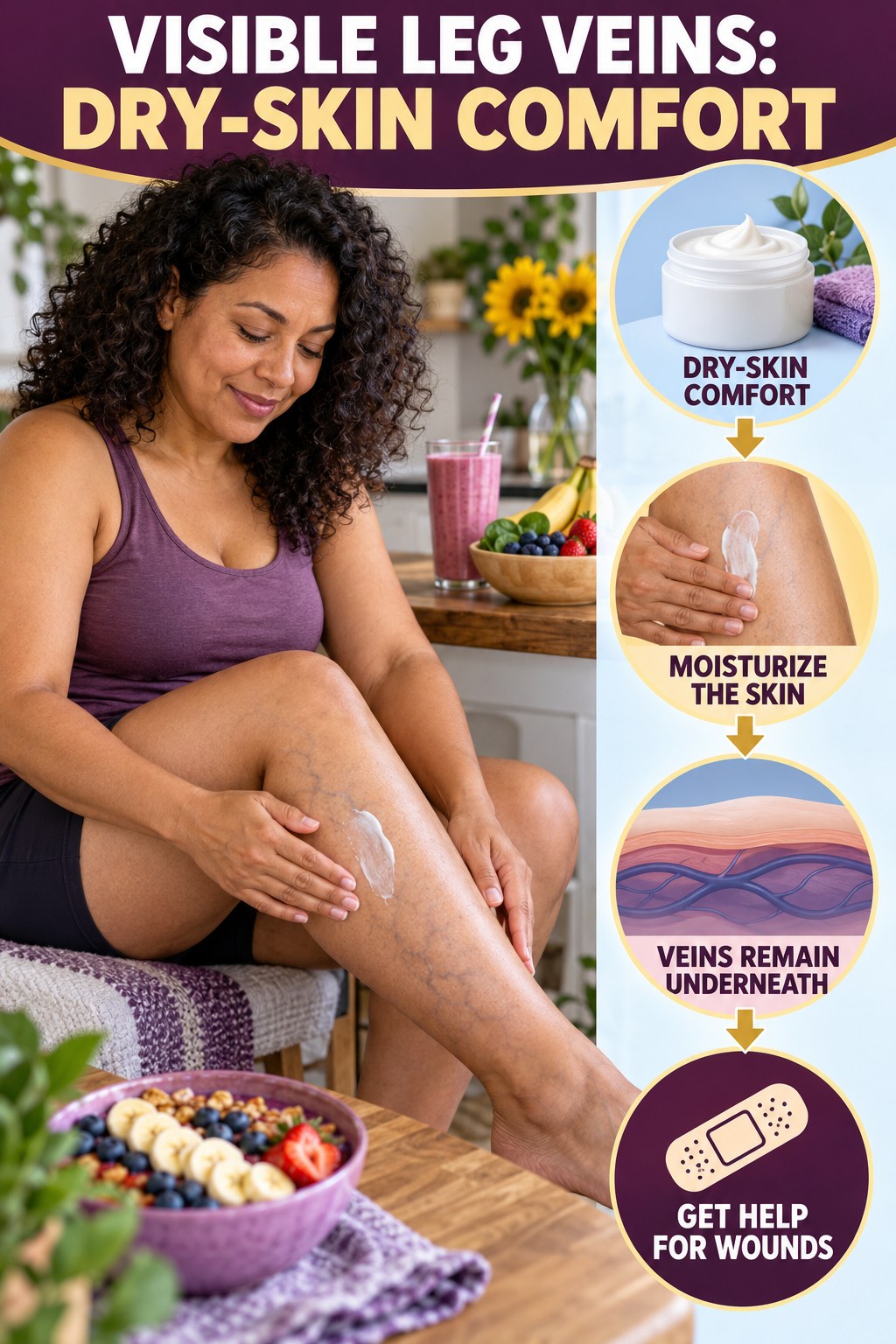 Dry-Skin Comfort infographic for Healthy Smoothies, showing body-neutral visible-leg-vein appearance care and the boundary between temporary cosmetic support and treatment.