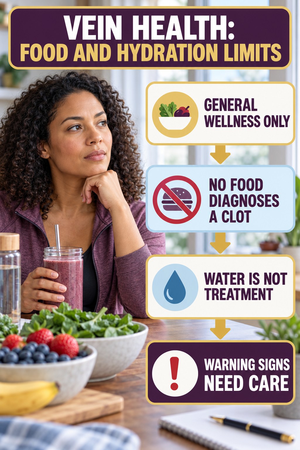 Food and Hydration Limits infographic for Healthy Smoothies, explaining vein-health warning signs and the appropriate next action without diagnosing a condition.