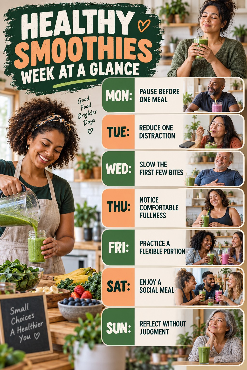 Weekly Healthy Smoothies plan graphic with concise Monday-to-Sunday actions and flexible recovery guidance.