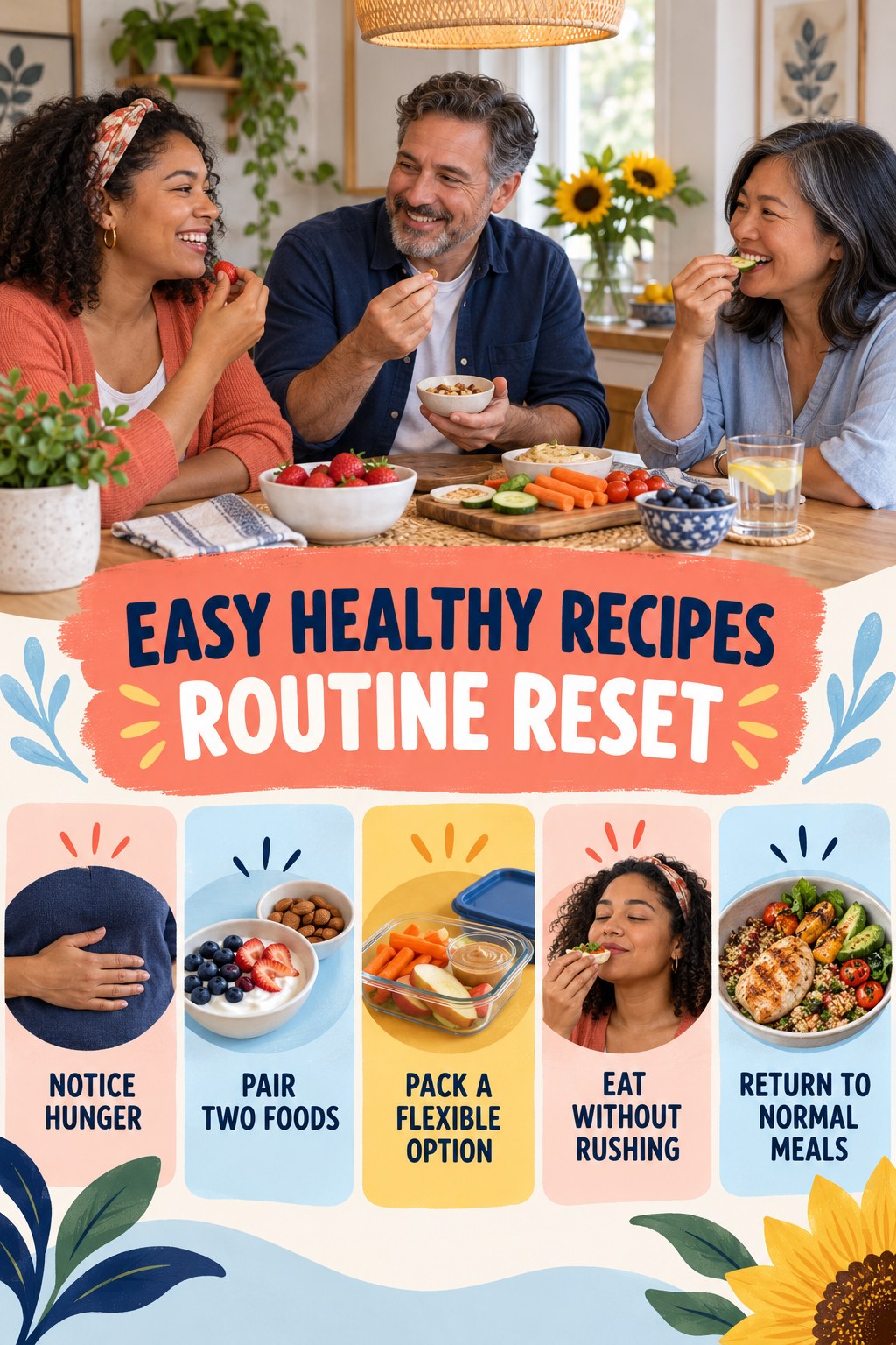 Healthy Snack Routine Reset for Easy Healthy Recipes with five readable routine-reset cues and a realistic board-relevant wellness scene.