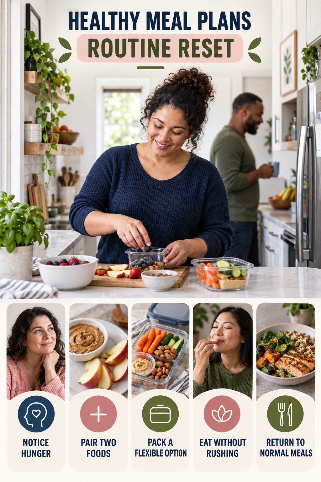 Healthy Snack Routine Reset for Healthy Meal Plans with five readable routine-reset cues and a realistic board-relevant wellness scene.