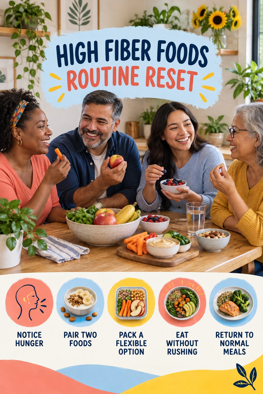 Healthy Snack Routine Reset for High Fiber Foods with five readable routine-reset cues and a realistic board-relevant wellness scene.