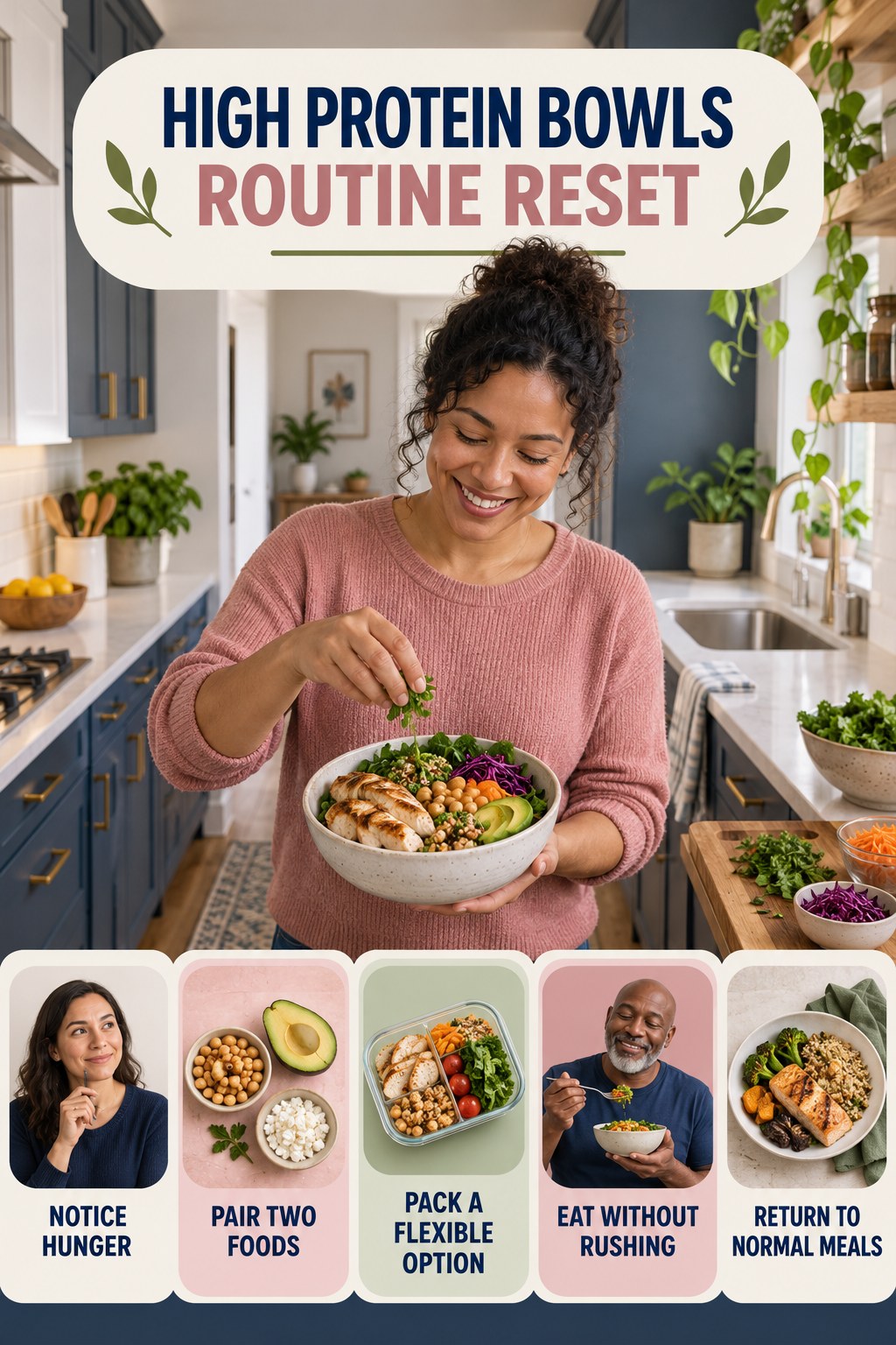 Healthy Snack Routine Reset for High Protein Bowls with five readable routine-reset cues and a realistic board-relevant wellness scene.