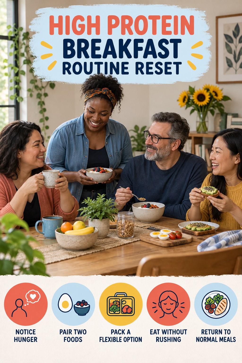 Healthy Snack Routine Reset for High Protein Breakfast with five readable routine-reset cues and a realistic board-relevant wellness scene.