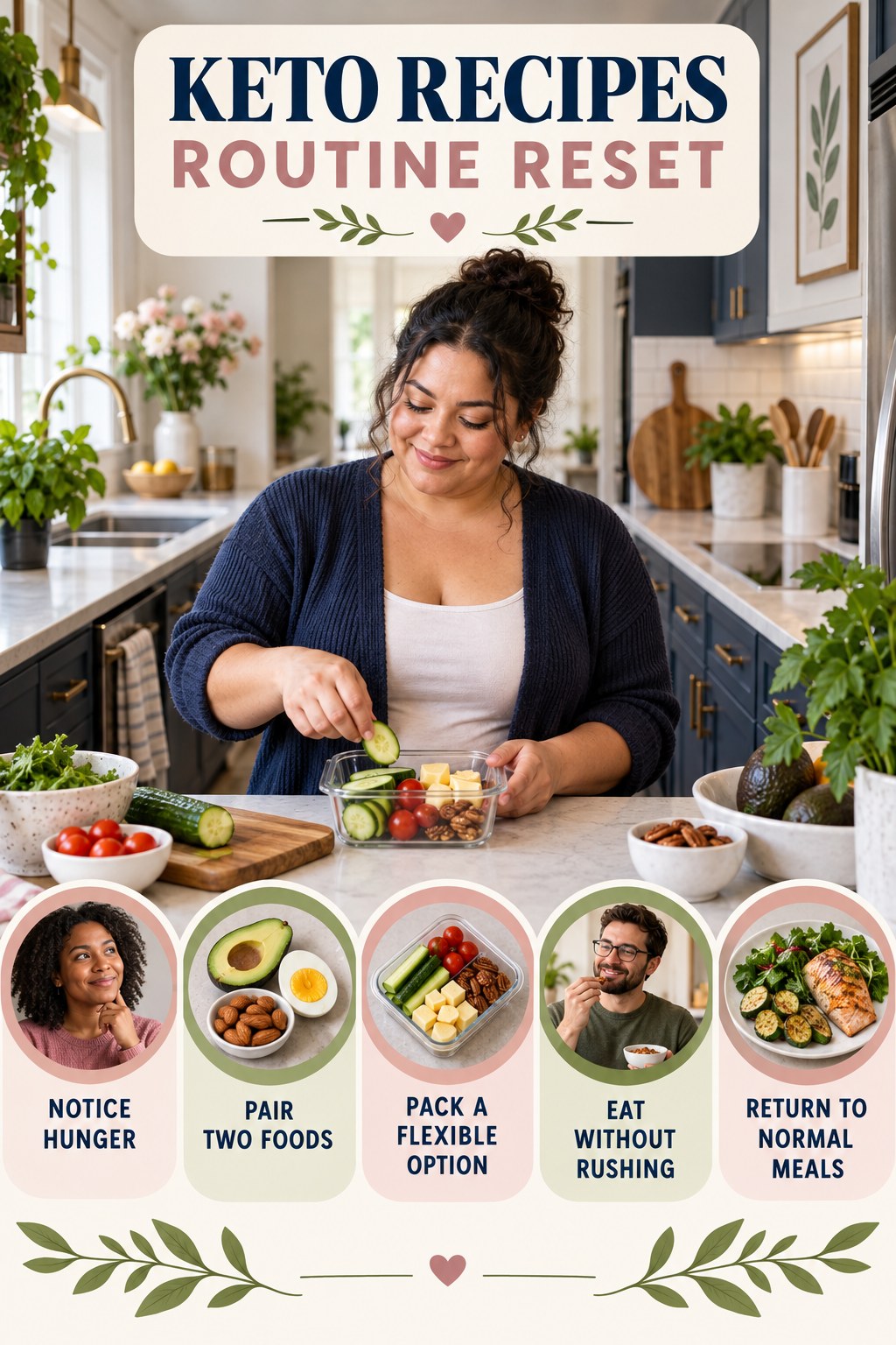 Healthy Snack Routine Reset for Keto Recipes with five readable routine-reset cues and a realistic board-relevant wellness scene.