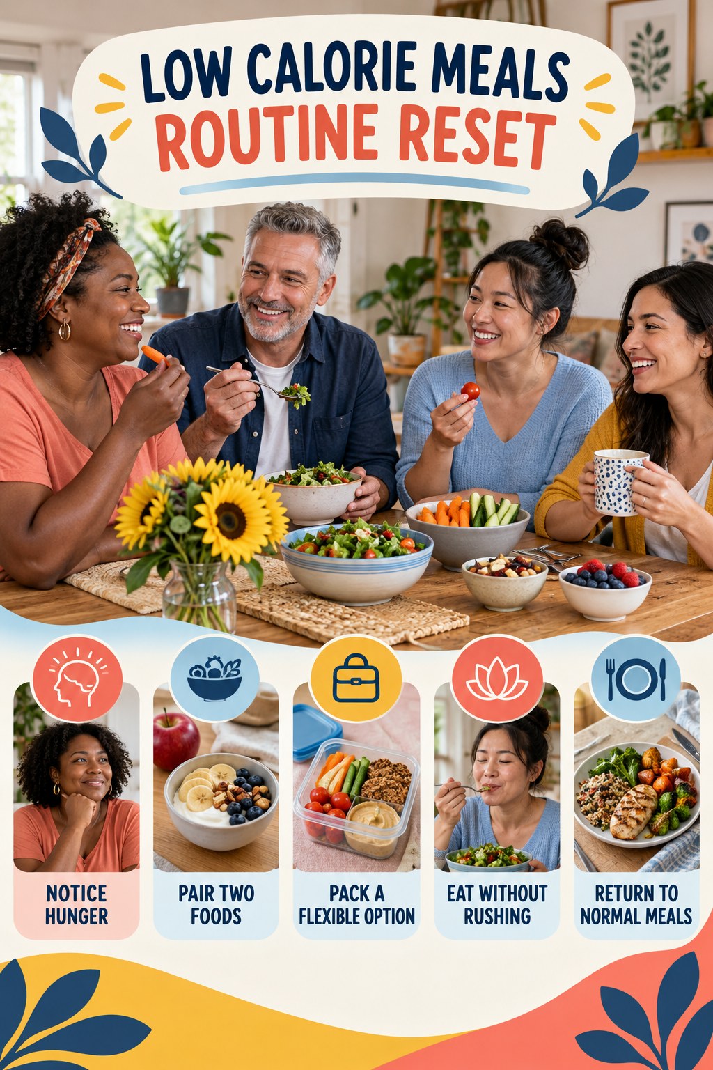Healthy Snack Routine Reset for Low Calorie Meals with five readable routine-reset cues and a realistic board-relevant wellness scene.