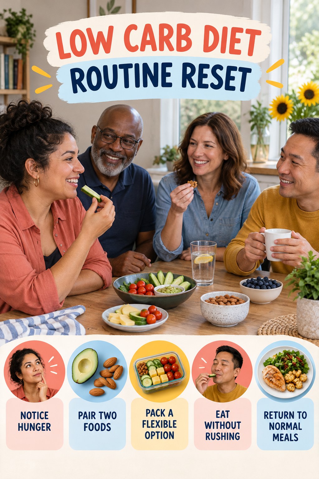 Healthy Snack Routine Reset for Low Carb Diet with five readable routine-reset cues and a realistic board-relevant wellness scene.