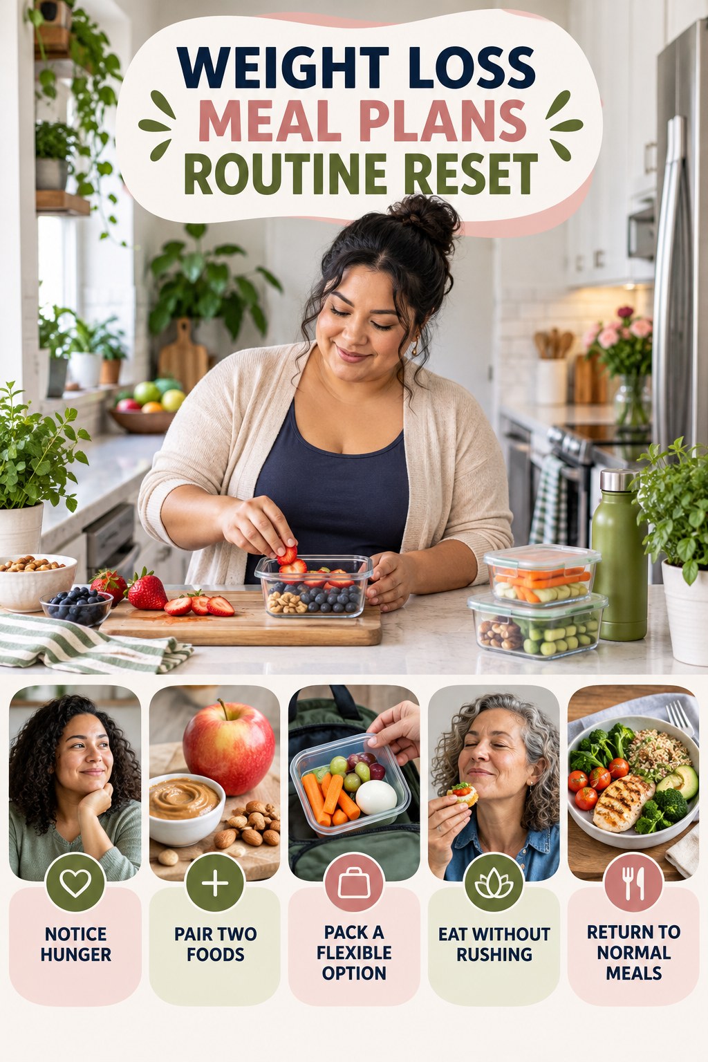 Healthy Snack Routine Reset for Weight Loss Meal Plans with five readable routine-reset cues and a realistic board-relevant wellness scene.