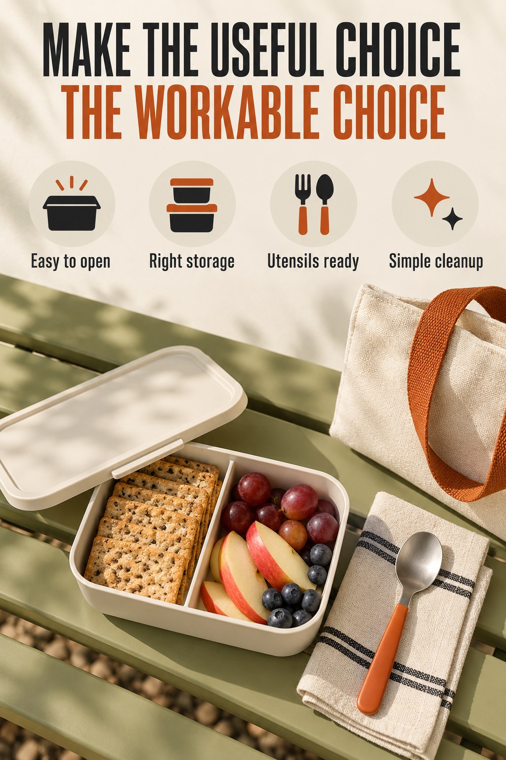 A simple snack container, spoon, napkin, and bag arranged on a bench beside a piece of fruit.