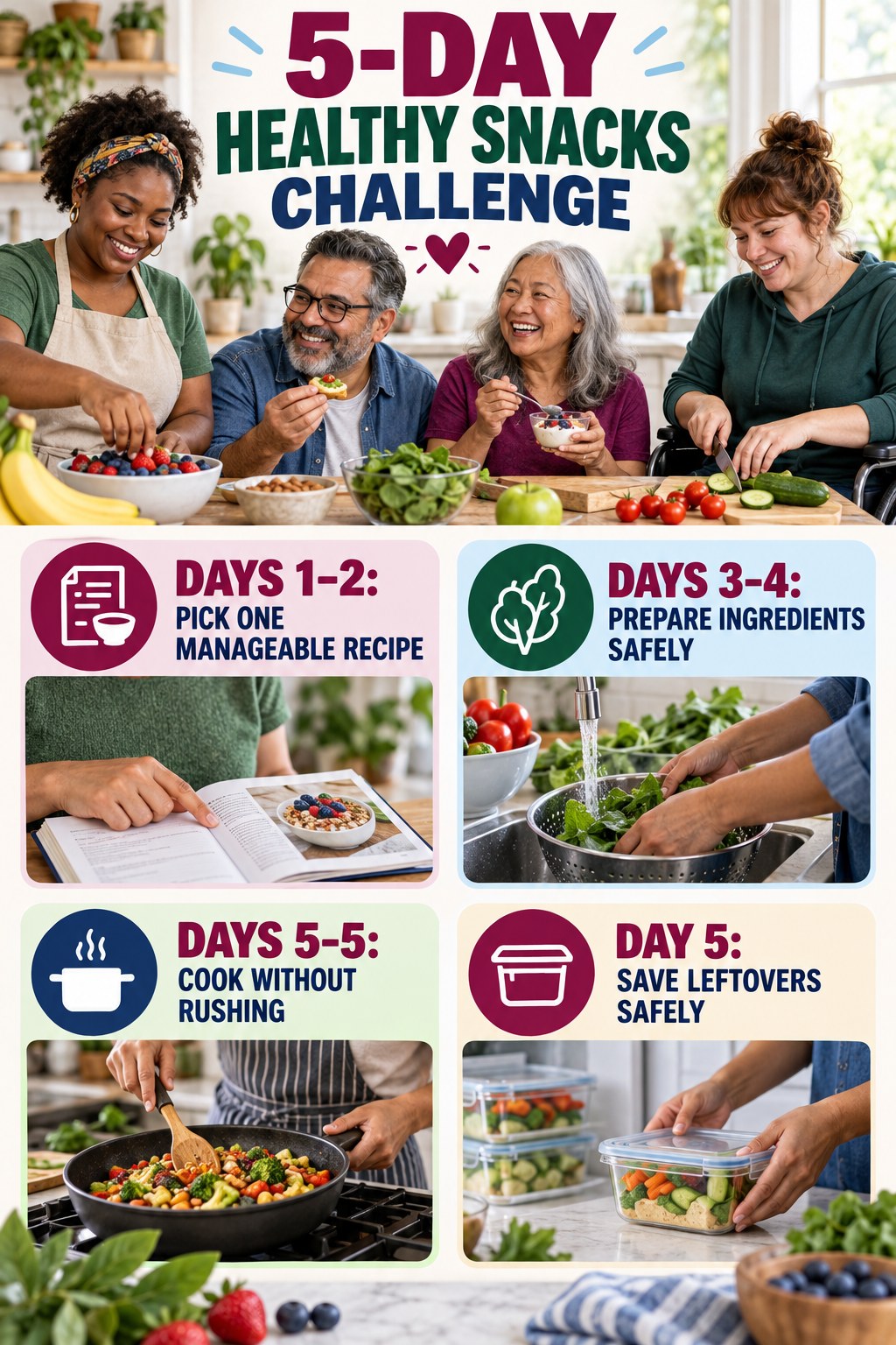5-day Healthy Snacks challenge graphic showing four manageable milestones for consistent practice.