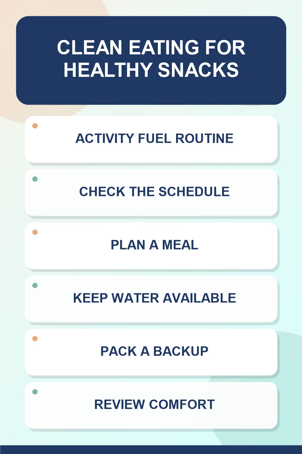 Activity Fuel Routine clean eating infographic for Healthy Snacks, showing five practical planning and preparation stages.