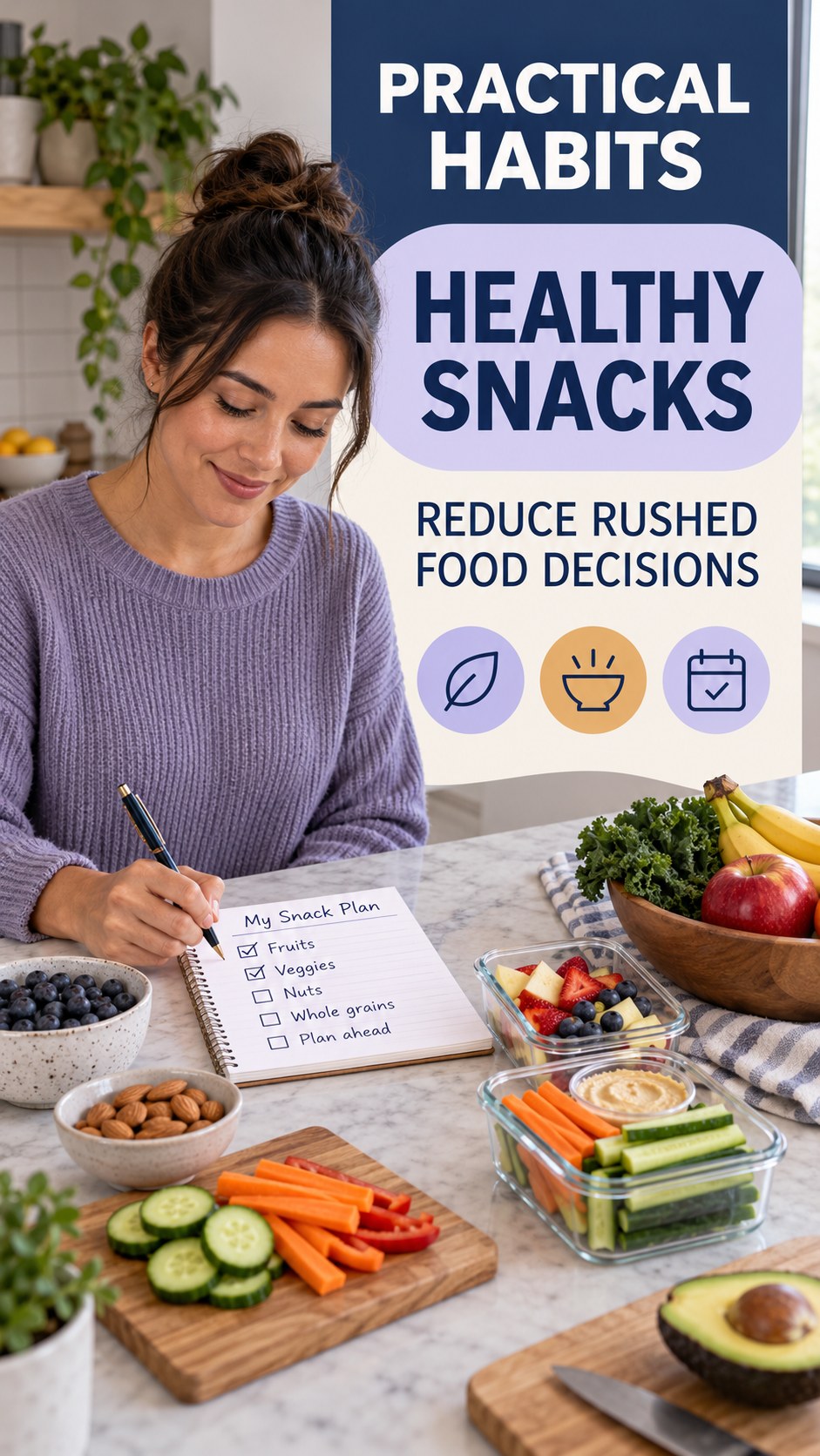 Mindful Meal Decisions infographic for Healthy Snacks, showing practical metabolism-support habits for an active lifestyle.