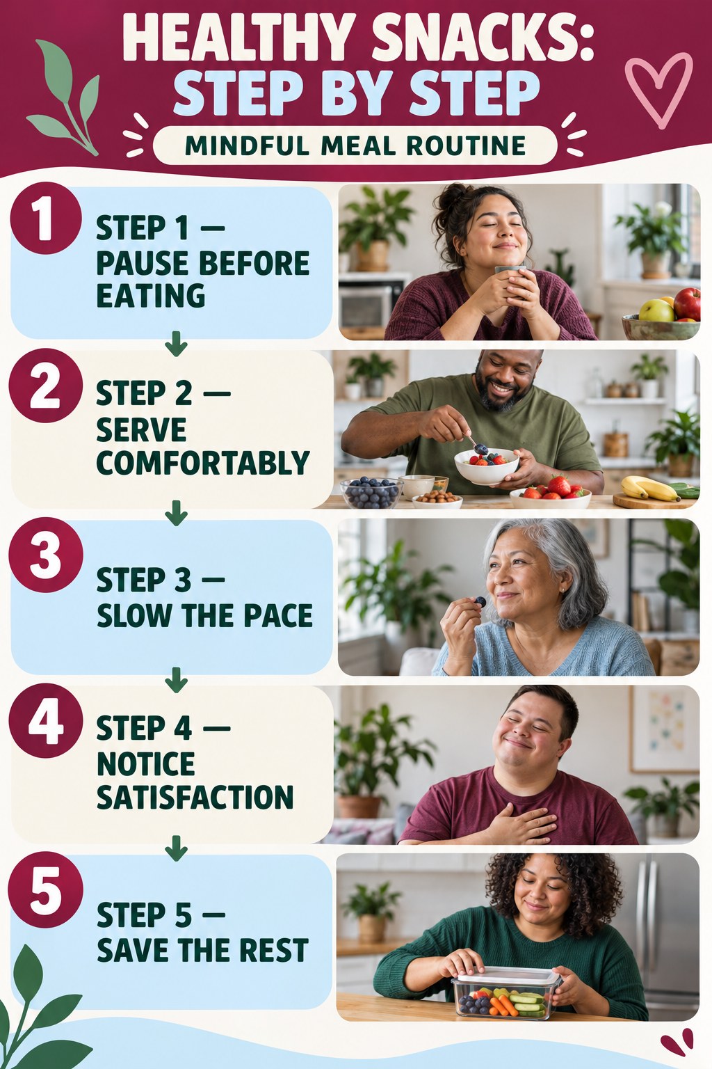 Healthy Snacks step-by-step graphic showing five numbered stages for mindful meal routine.