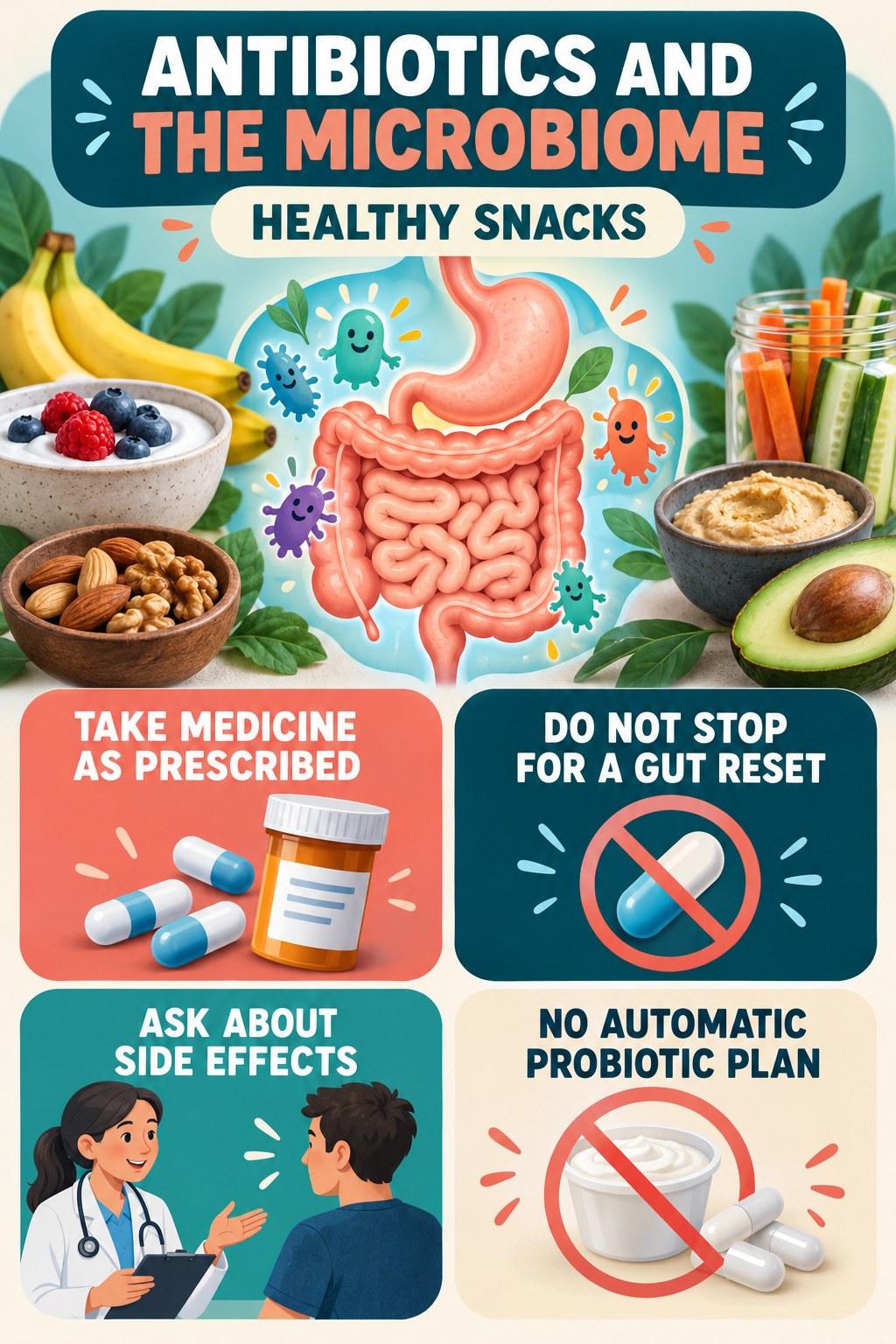 Antibiotics and Microbiome Questions educational infographic for Healthy Snacks with four evidence-aware points.