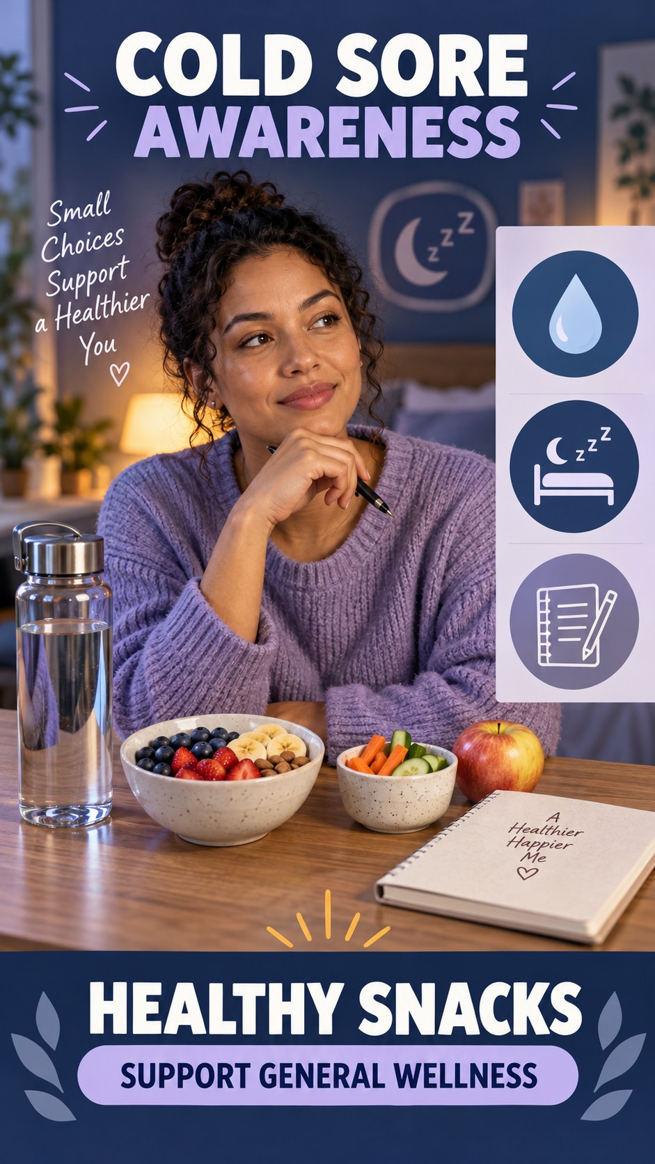 Balanced Routine Awareness infographic for Healthy Snacks, explaining that possible cold-sore triggers vary by person.