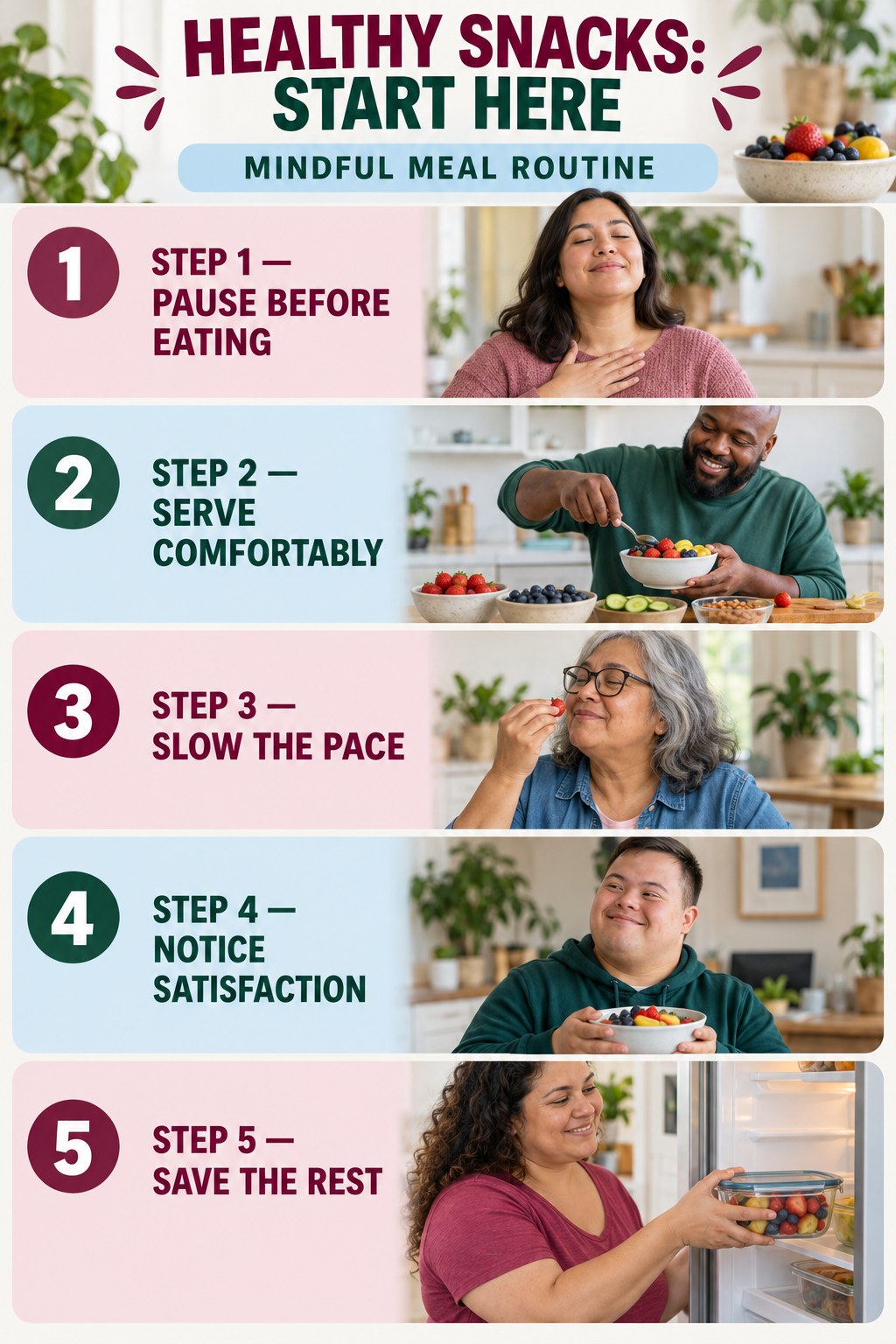 Healthy Snacks beginner guide graphic showing five manageable stages for mindful meal routine.