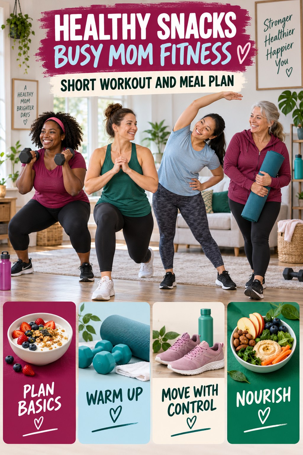 Healthy Snacks busy-mom fitness graphic titled Short Workout and Meal Plan with four practical movement prompts.