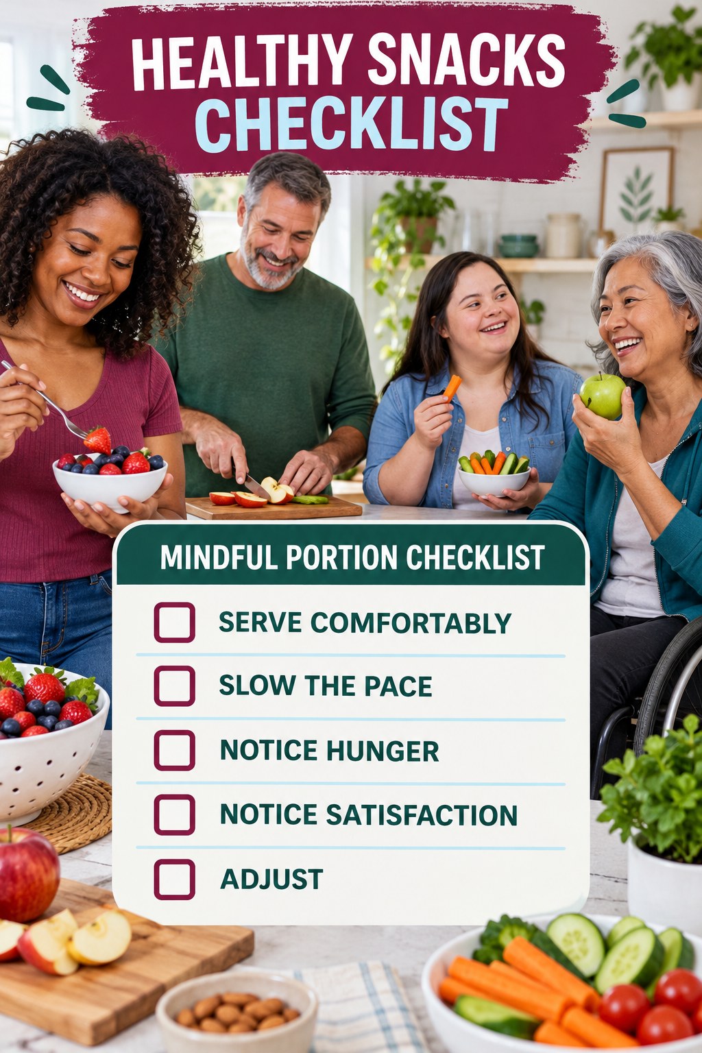 Healthy Snacks checklist graphic titled Mindful Portion Checklist with five clear practical wellness items.