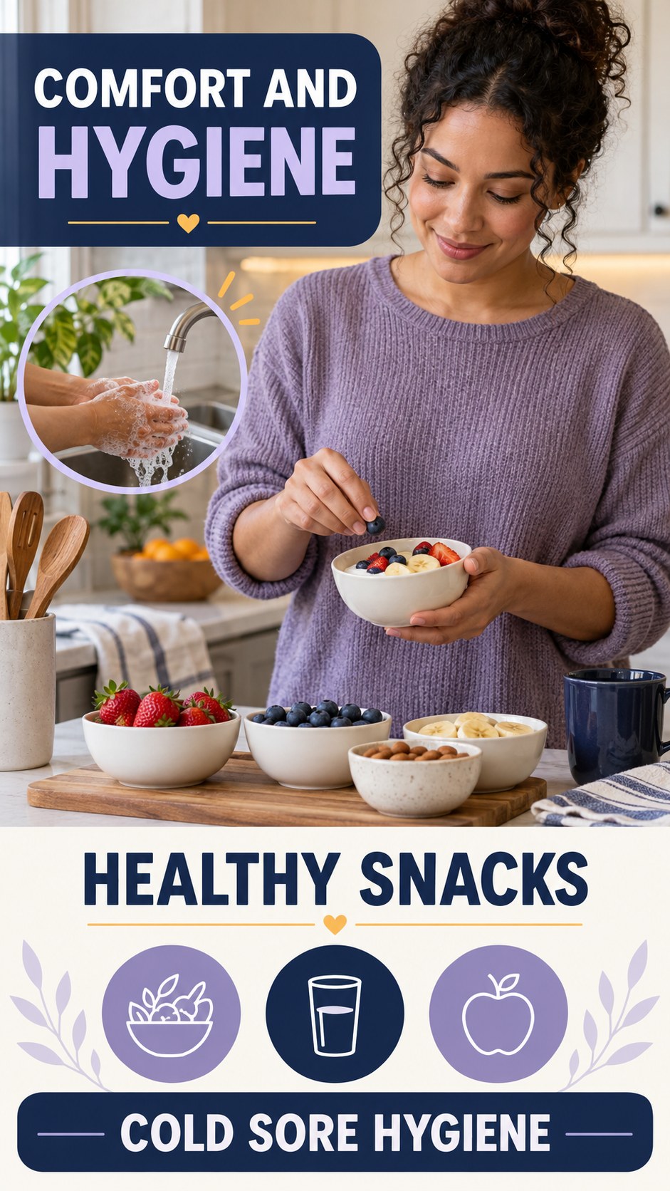 Cold Sore Hygiene at Mealtime infographic for Healthy Snacks, presenting respectful oral herpes comfort, hygiene, and safety education.