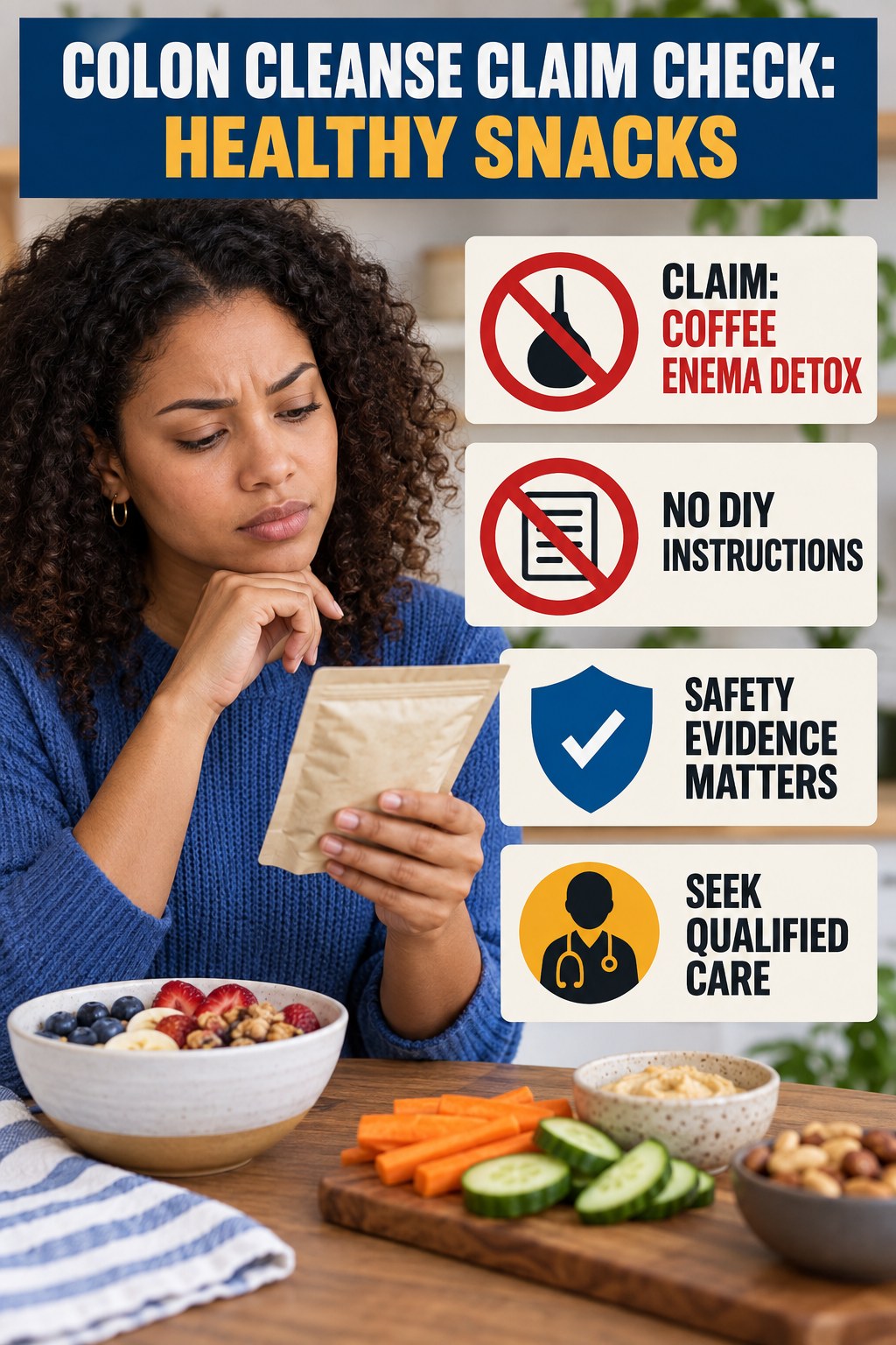 Coffee Enema Claims infographic for Healthy Snacks, separating a colon-cleanse marketing claim from evidence, reasonable conclusions, and safety context.