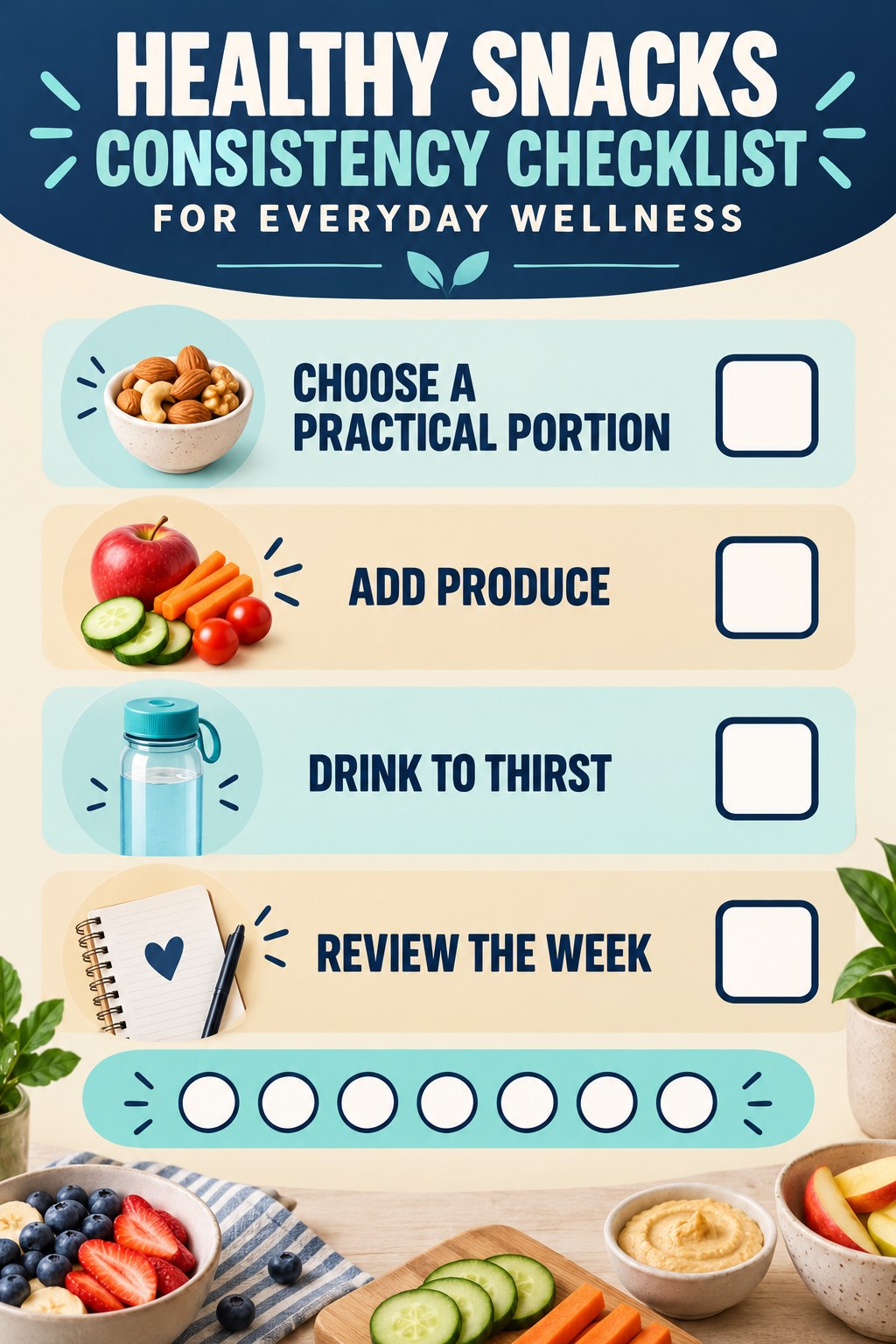 Healthy Snacks Consistency Checklist for Everyday Wellness infographic with checkboxes for choose a practical portion, add produce, drink to thirst, review the week.