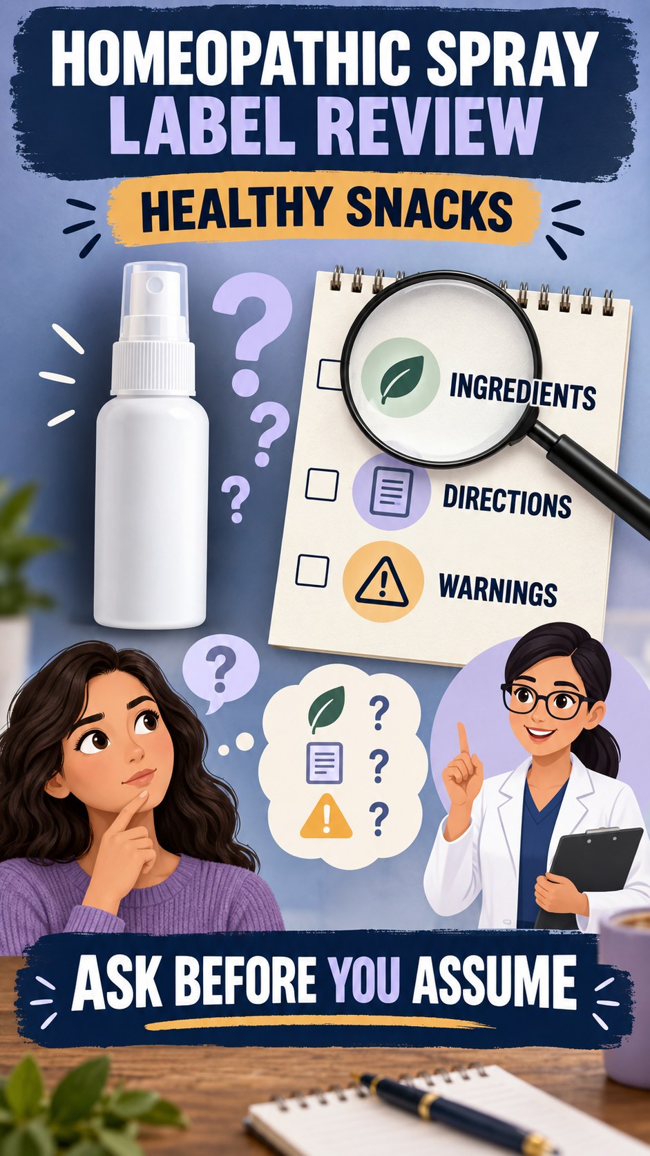 Consumer Questions Checklist infographic for Healthy Snacks, showing a generic spray-label checklist that separates available facts, missing details, and evidence questions.