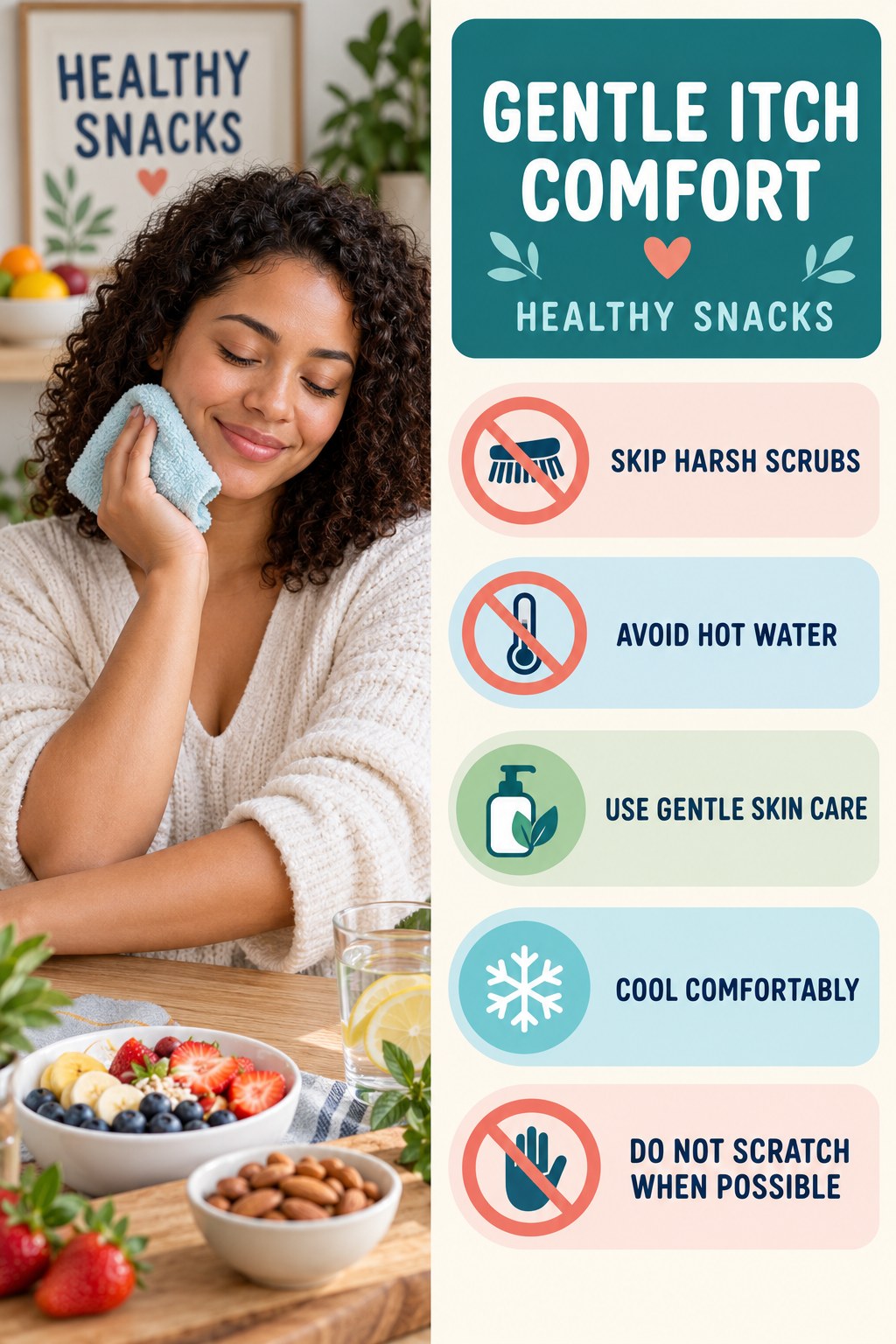 Do Less Irritating, More Soothing infographic for Healthy Snacks with five gentle itchy-skin comfort strategies and a non-diagnostic safety focus.