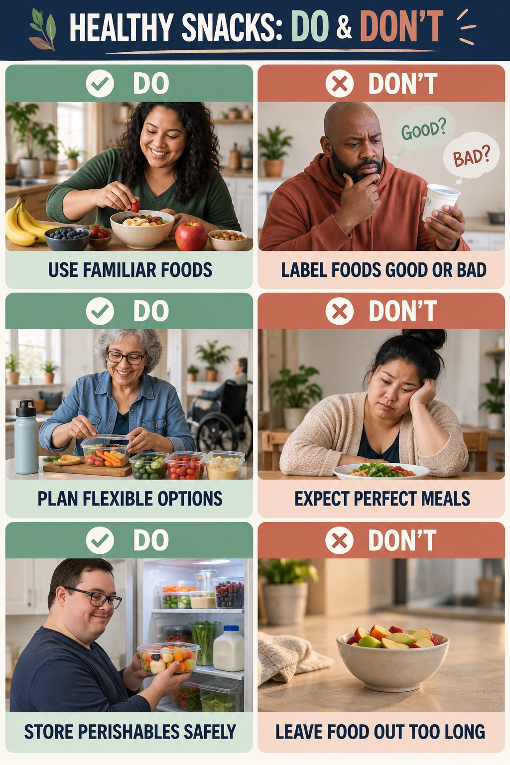 Healthy Snacks Do and Don’t comparison graphic showing three practical behavior pairs for comfortable portions.