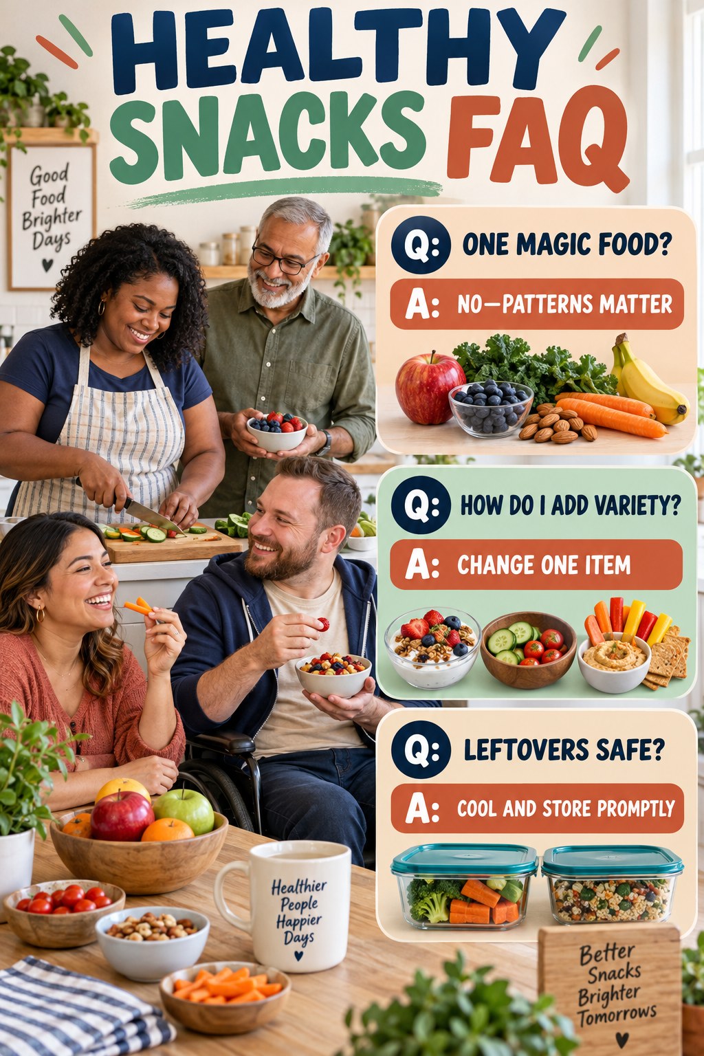 Healthy Snacks FAQ graphic with three concise questions and practical answers for beginners.