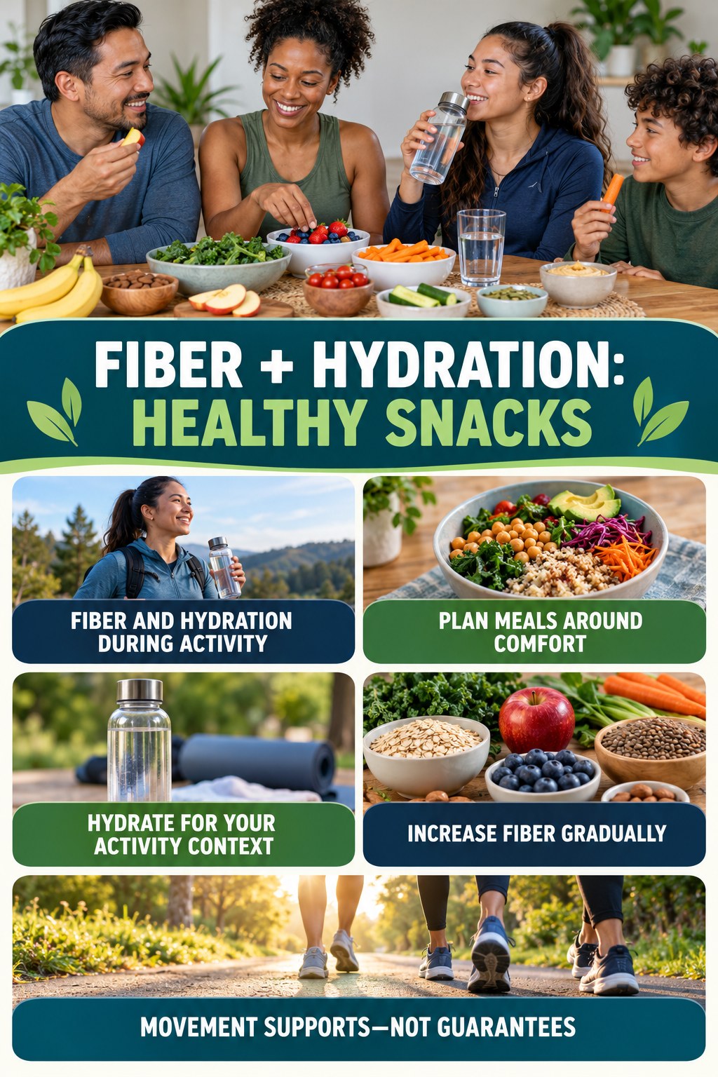 Fiber and Hydration During Activity infographic for Healthy Snacks, showing gradual food-first fiber, appropriate hydration, realistic bowel routines, and safe warning boundaries.