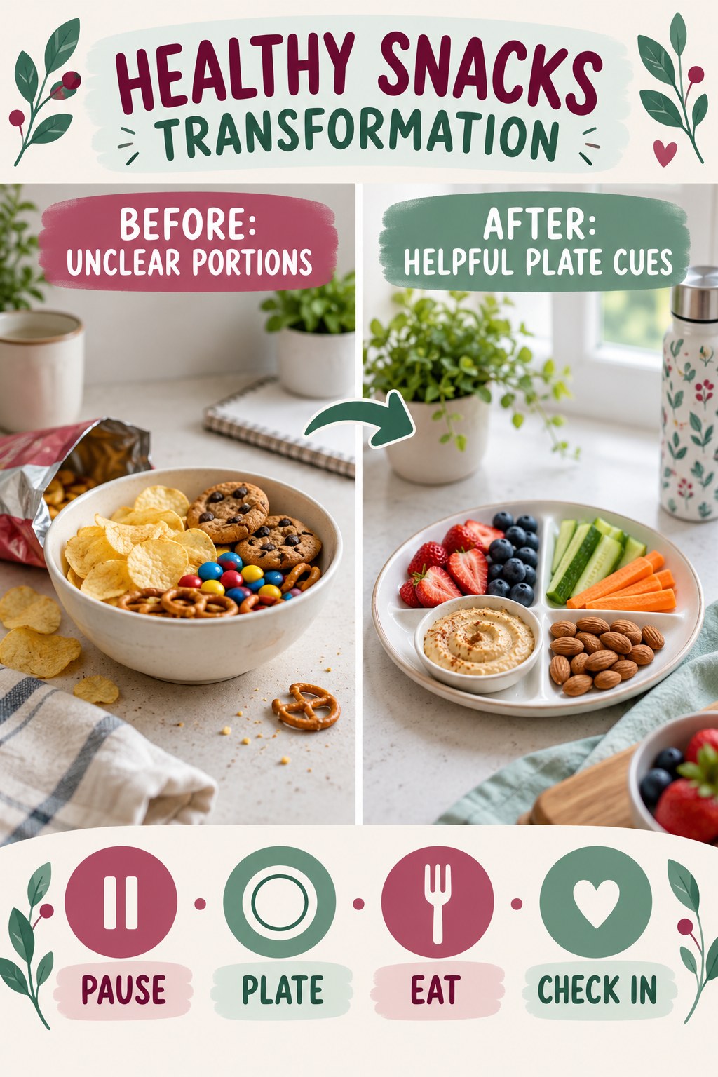 Healthy Snacks habit transformation graphic comparing unclear portions with helpful plate cues using four practical steps.