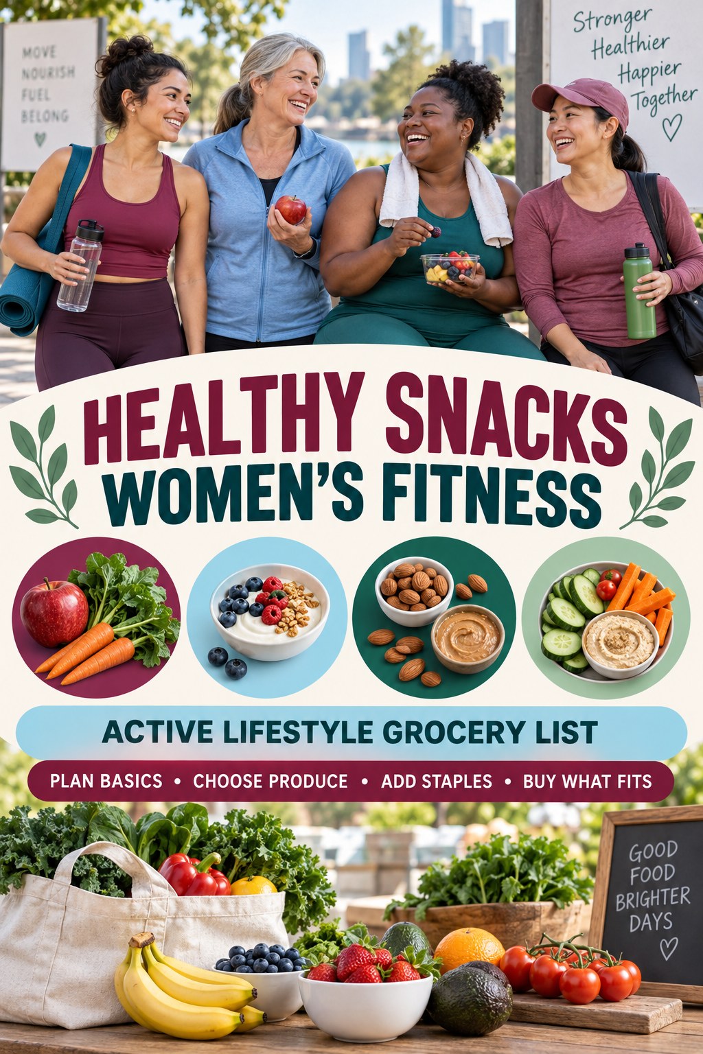 Healthy Snacks women’s fitness graphic titled Active Lifestyle Grocery List with four practical training prompts.