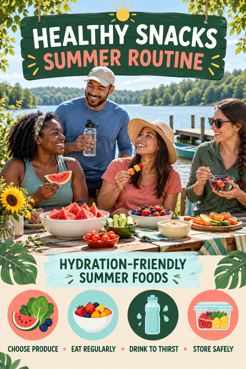 Healthy Snacks summer routine graphic titled Hydration-Friendly Summer Foods with four practical wellness prompts.
