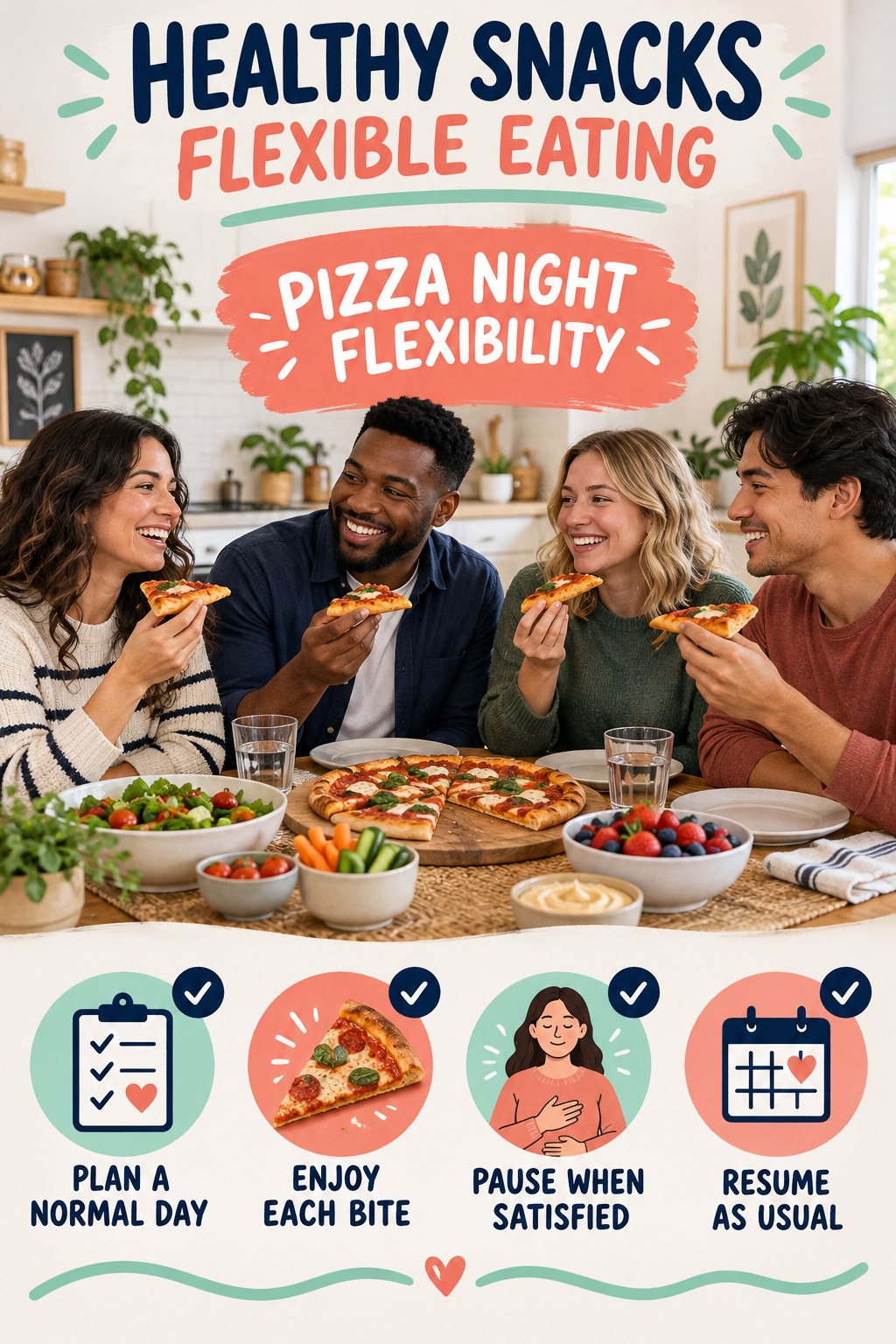 Healthy Snacks flexible eating graphic titled Pizza Night Flexibility with four practical balance prompts.