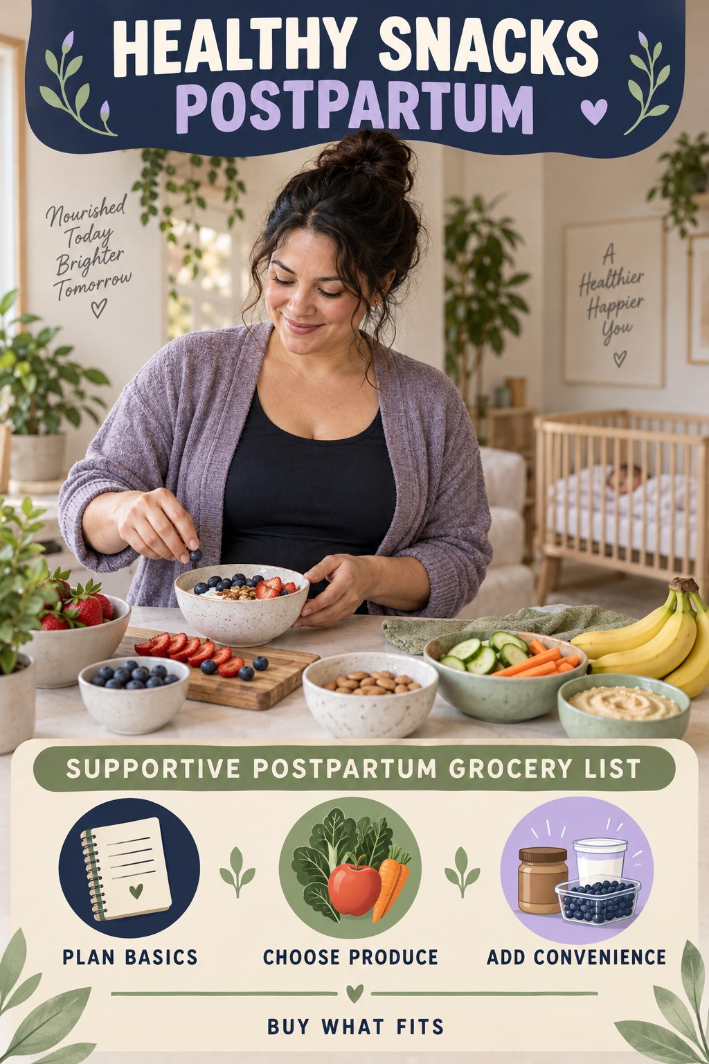 Healthy Snacks postpartum graphic titled Supportive Postpartum Grocery List with four gradual recovery-aware prompts.
