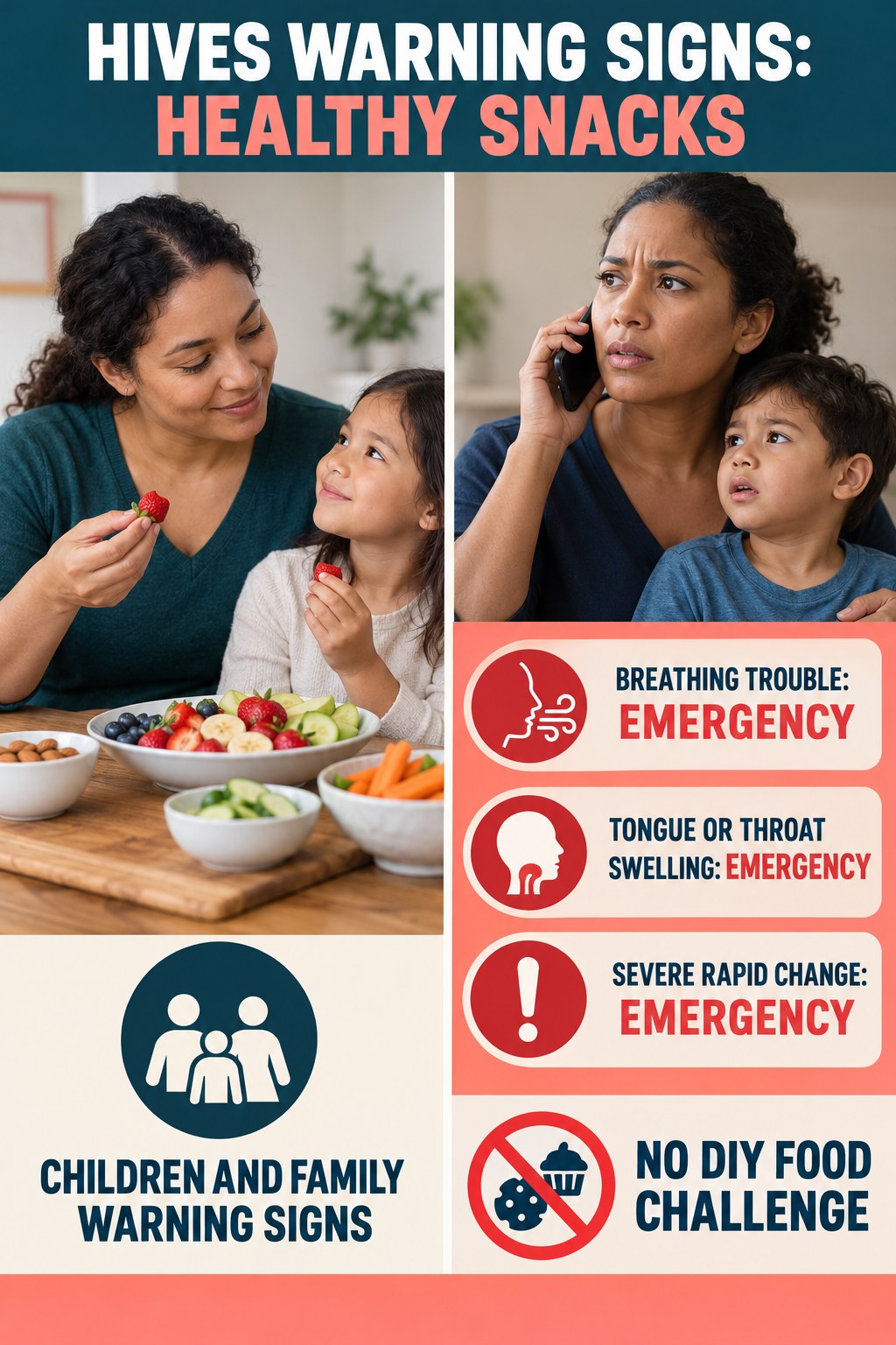Children and Family Warning Signs infographic for Healthy Snacks, highlighting urgent breathing, throat, swelling, fainting, and rapid-progression warning signs without diagnosing hives.