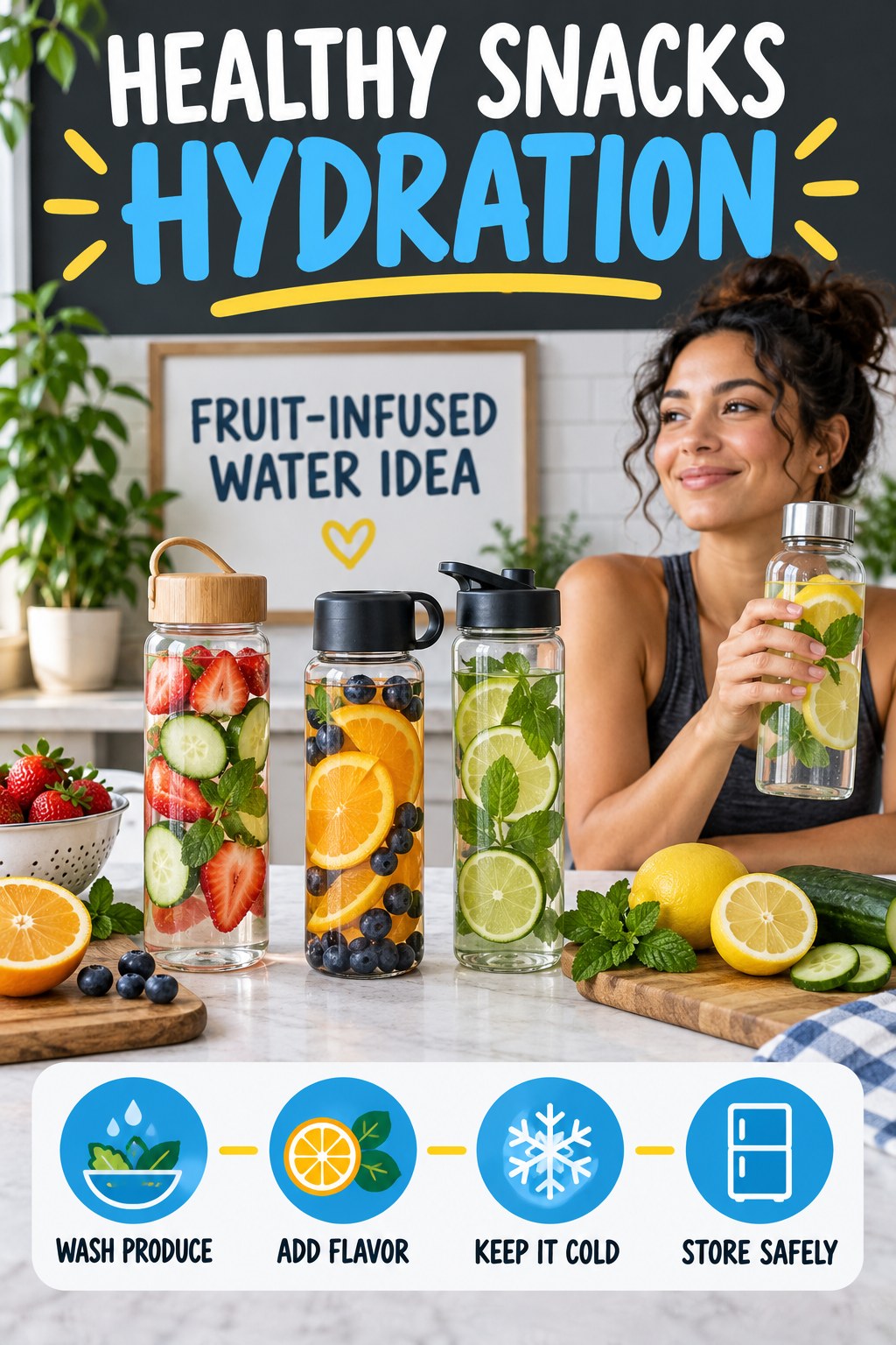 Healthy Snacks hydration graphic titled Fruit-Infused Water Idea with four flexible water-habit prompts and no fixed intake target.