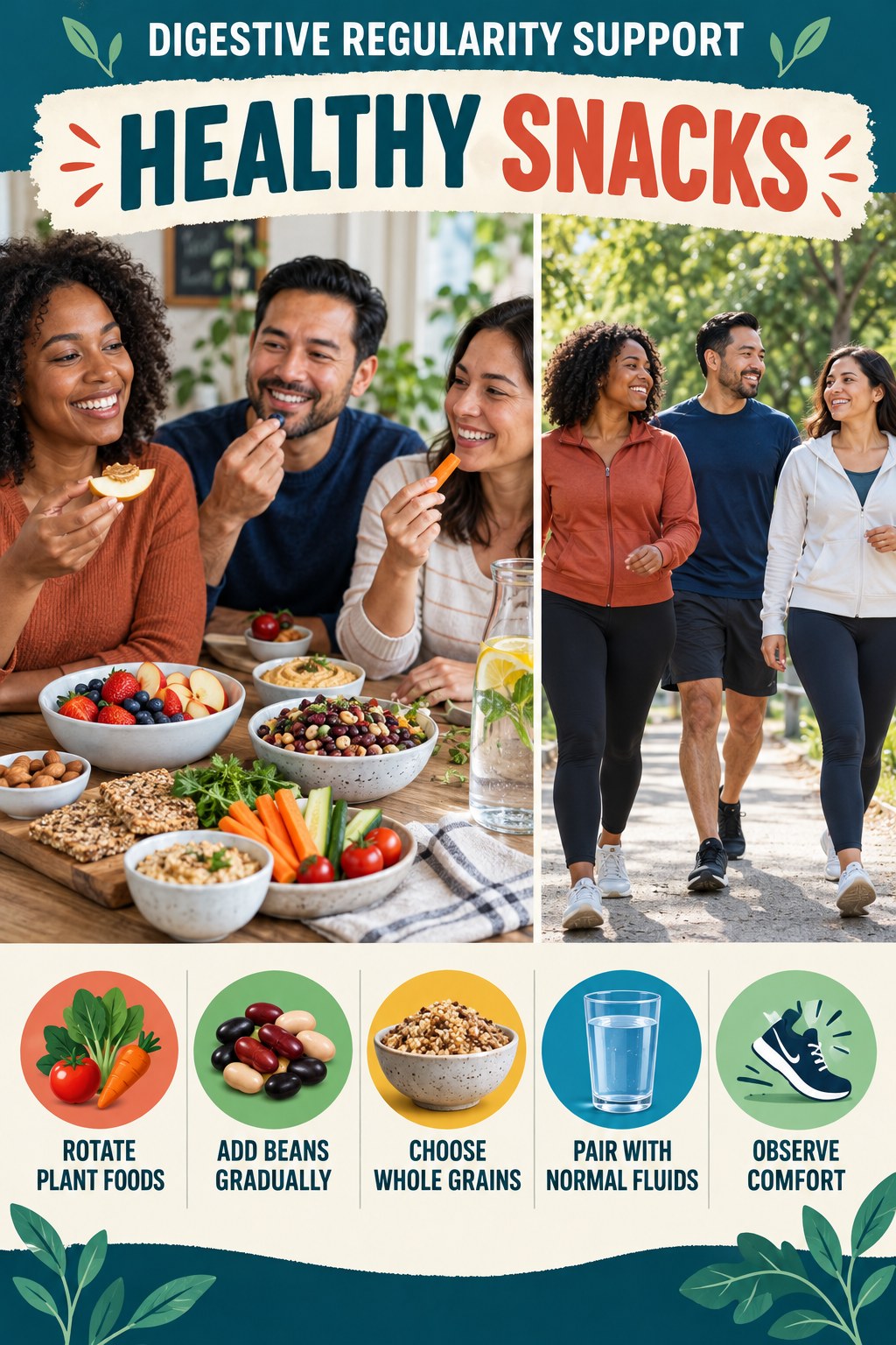 Meal Prep for Fiber Variety infographic for Healthy Snacks with five practical food, hydration, movement, or routine actions and no cleanse claims.