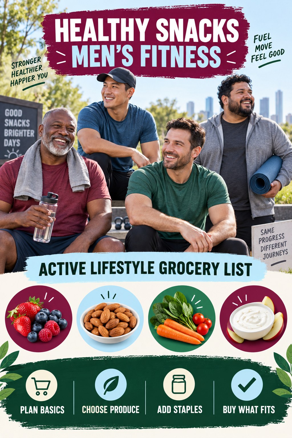 Healthy Snacks men’s fitness graphic titled Active Lifestyle Grocery List with four practical training prompts.