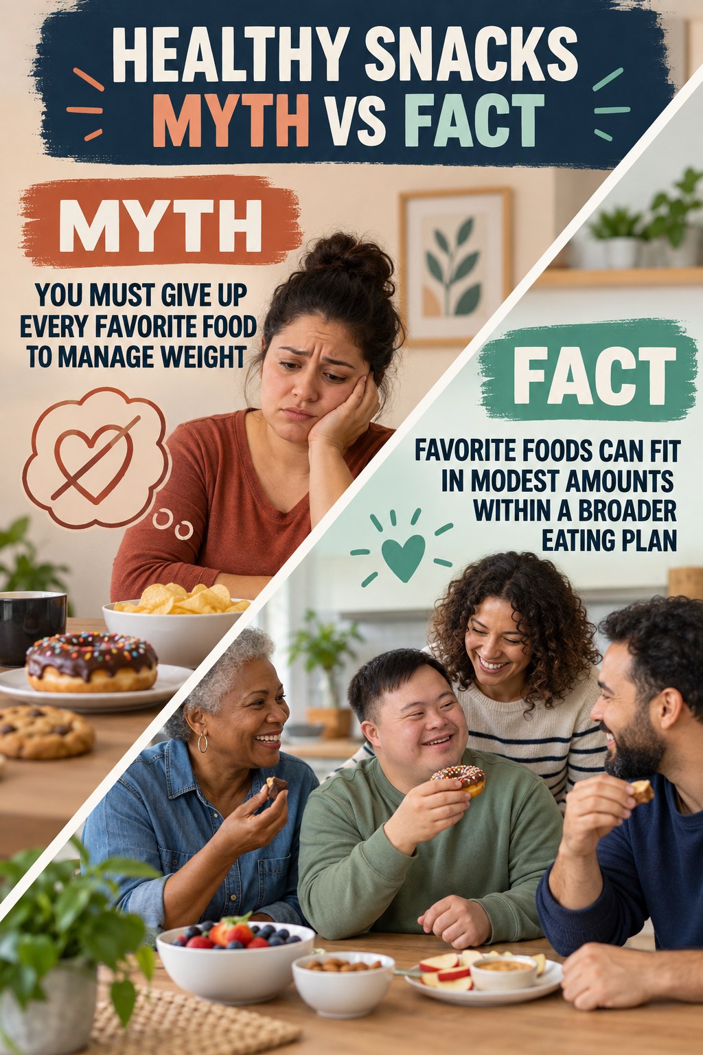 Healthy Snacks Myth vs Fact graphic correcting the misconception about favorite foods.
