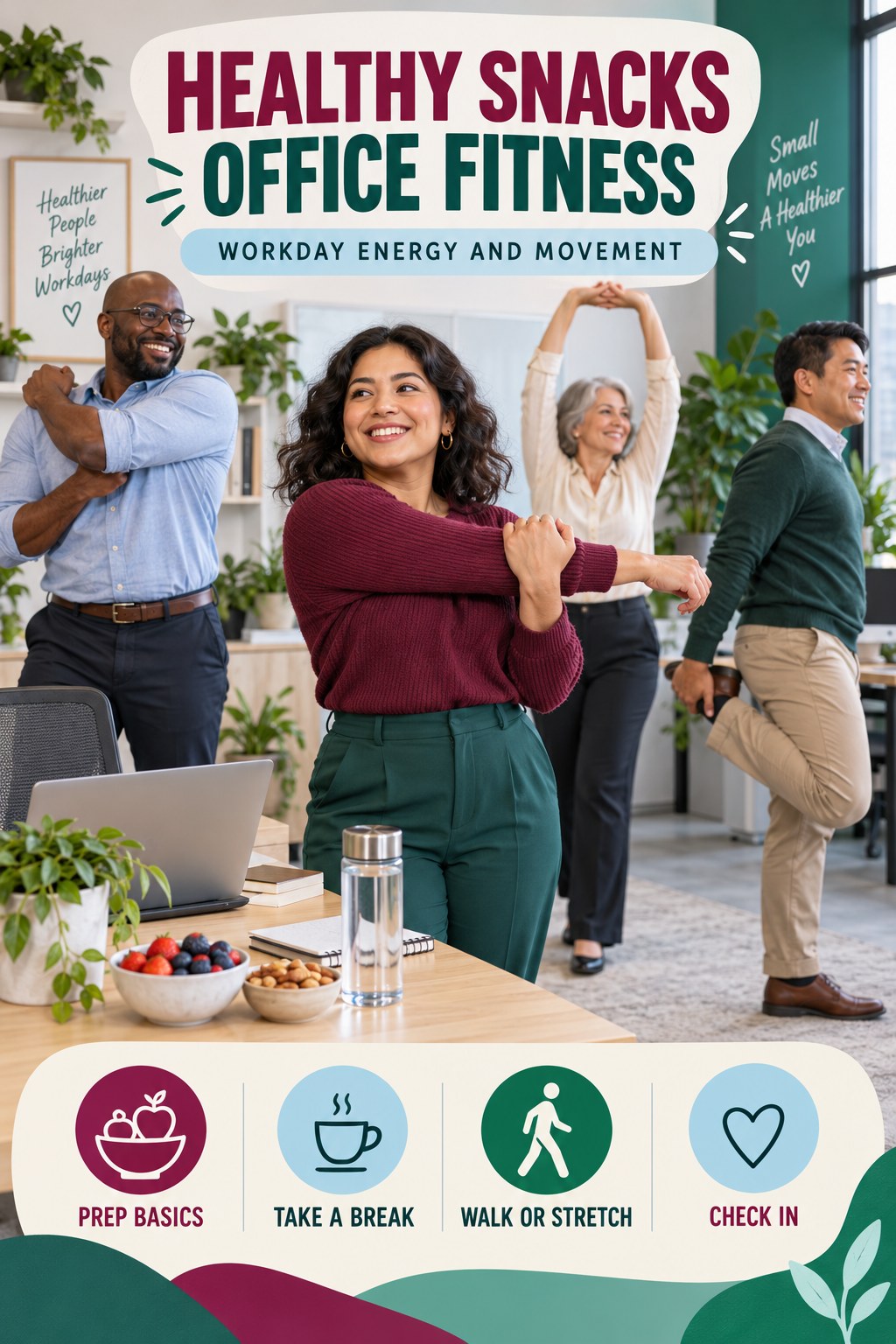 Healthy Snacks office-fitness graphic titled Workday Energy and Movement with four practical workday movement prompts.