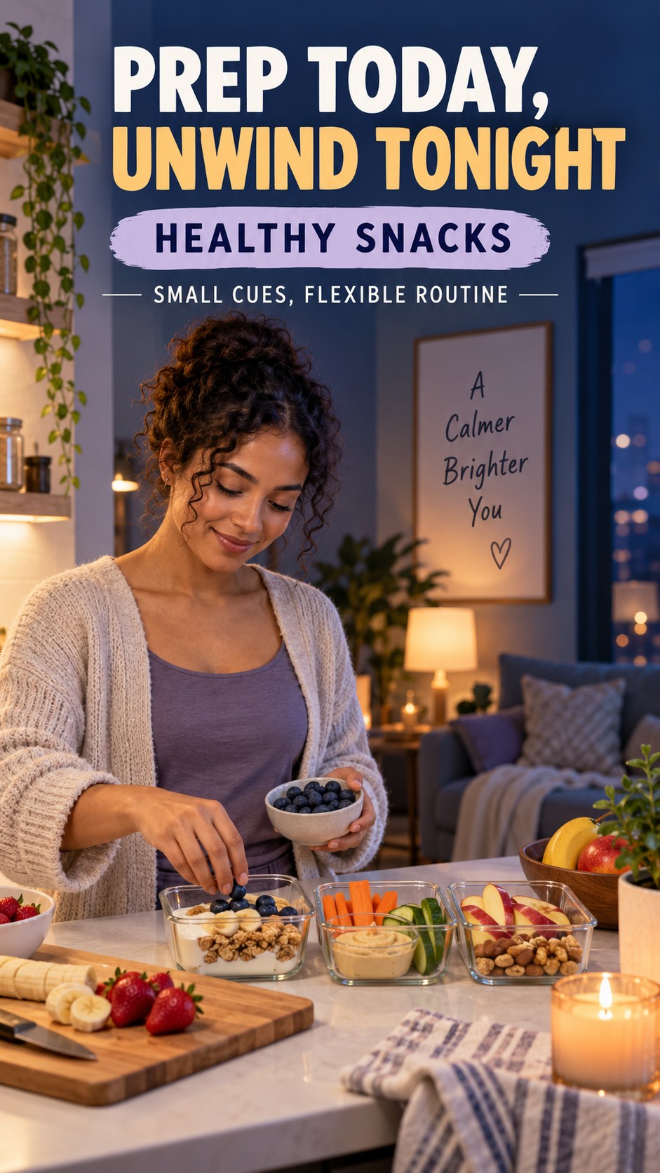 Meal Prep and Sleep Routine infographic for Healthy Snacks, showing a flexible and calming evening wellness routine.