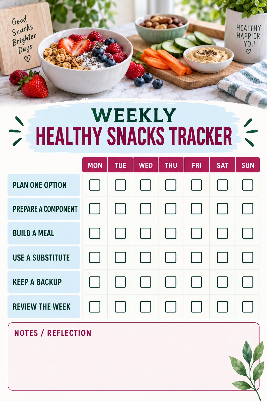 Weekly Healthy Snacks printable-style tracker graphic with six labeled rows, empty checkboxes, and a reflection area.