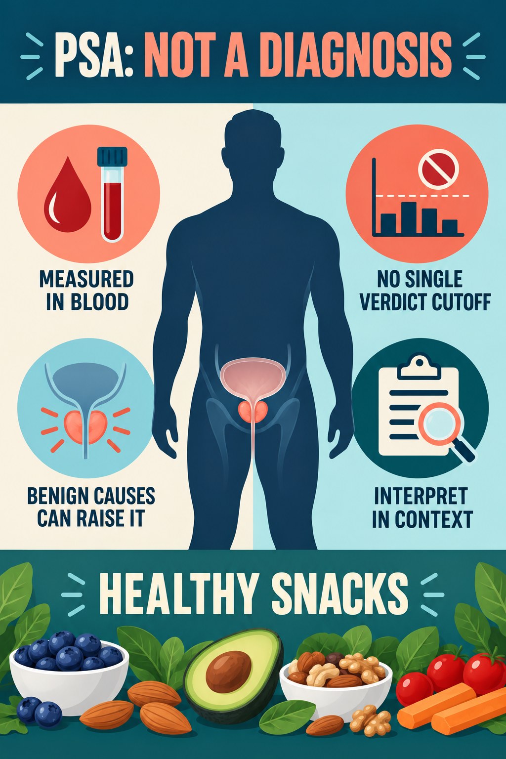 PSA Is a Test, Not a Cancer Verdict infographic for Healthy Snacks with four concise prostate-health awareness points.