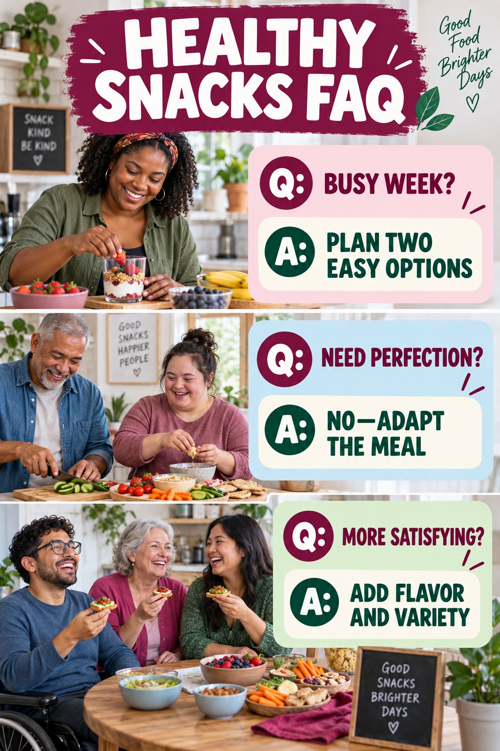 Healthy Snacks FAQ graphic with three concise questions and practical answers for beginners.