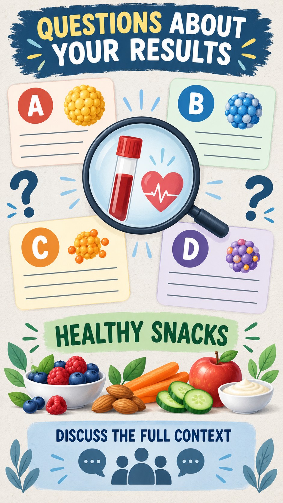 Questions for Your Clinician infographic for Healthy Snacks, using a non-numerical educational lipid-panel layout with question and context icons.