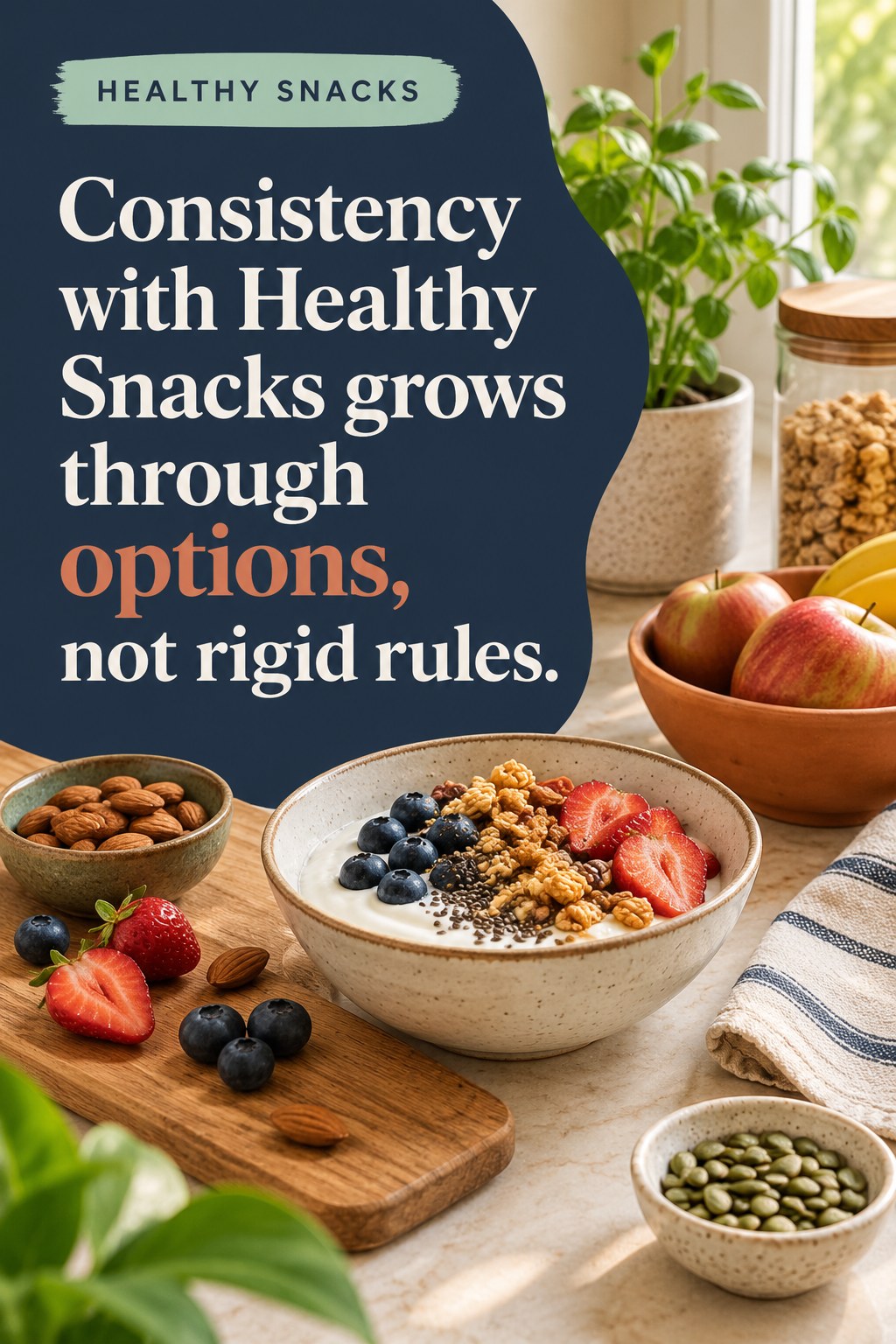 Original Healthy Snacks quote graphic reading “Consistency with Healthy Snacks grows through options, not rigid rules.” in a board-relevant editorial design.