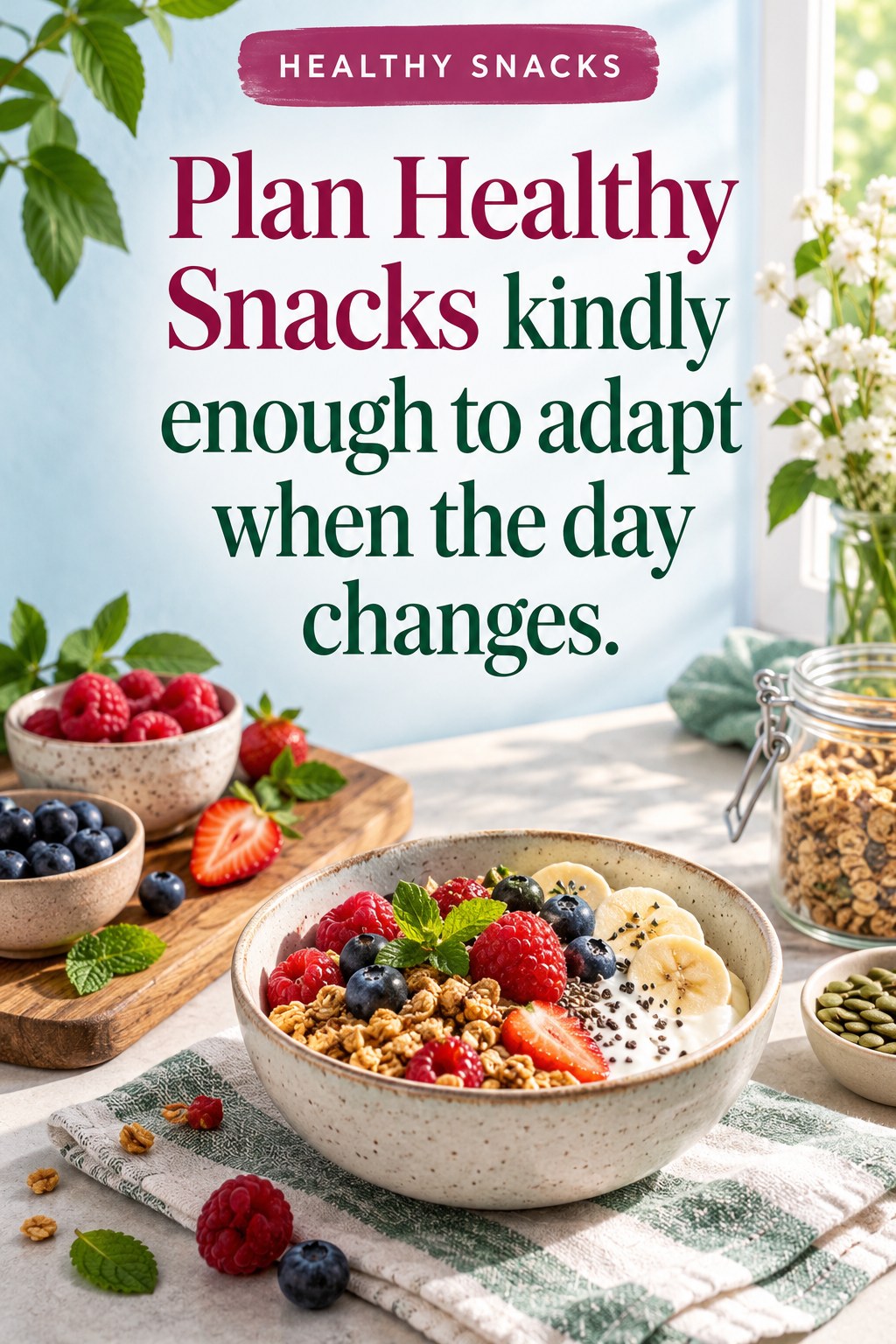 Original Healthy Snacks quote graphic reading “Plan Healthy Snacks kindly enough to adapt when the day changes.” in a board-relevant editorial design.