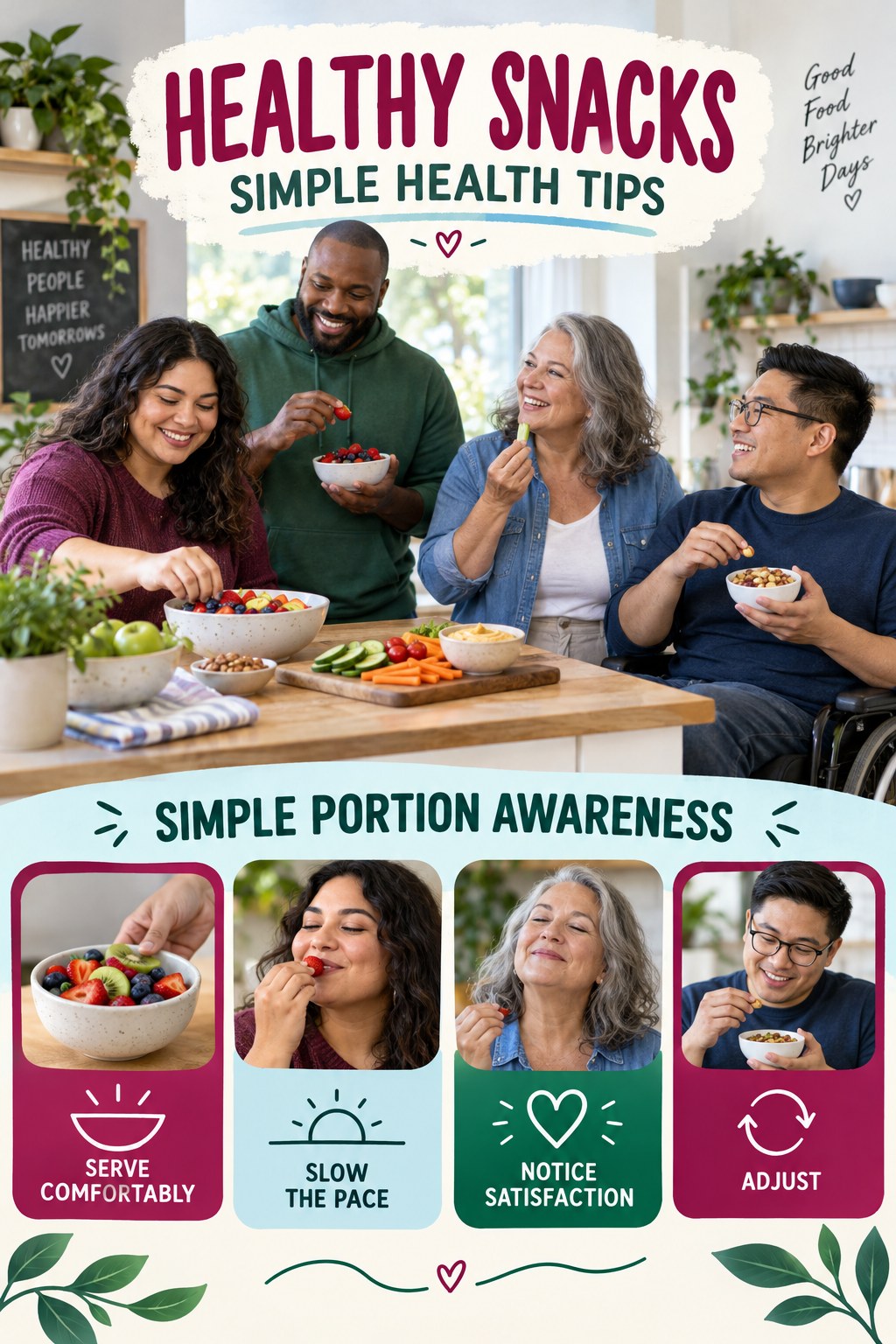 Healthy Snacks simple-health graphic titled Simple Portion Awareness with four practical wellness prompts.