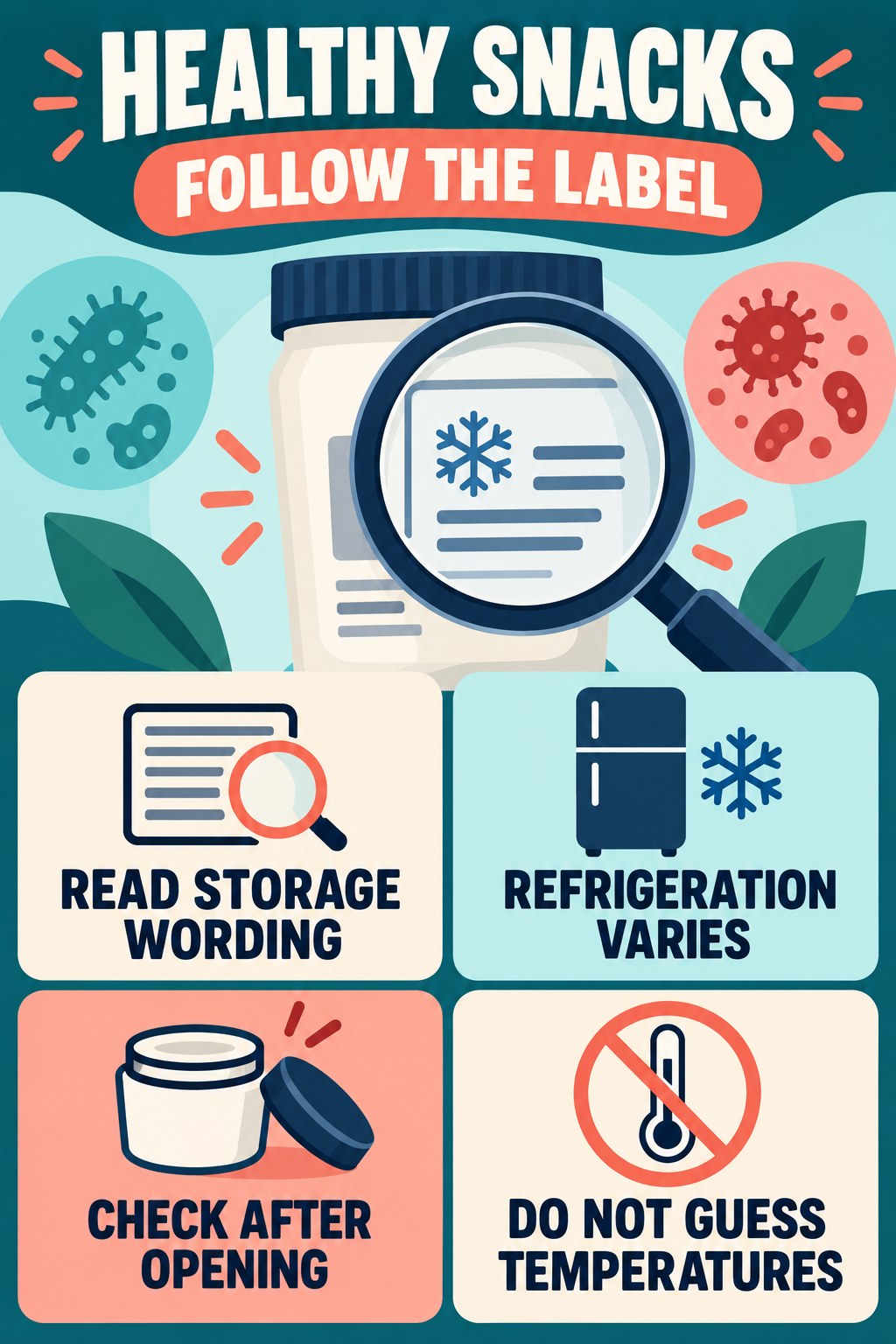 Storage Instructions Are Product Specific infographic for Healthy Snacks with four concise probiotic-label reading points.